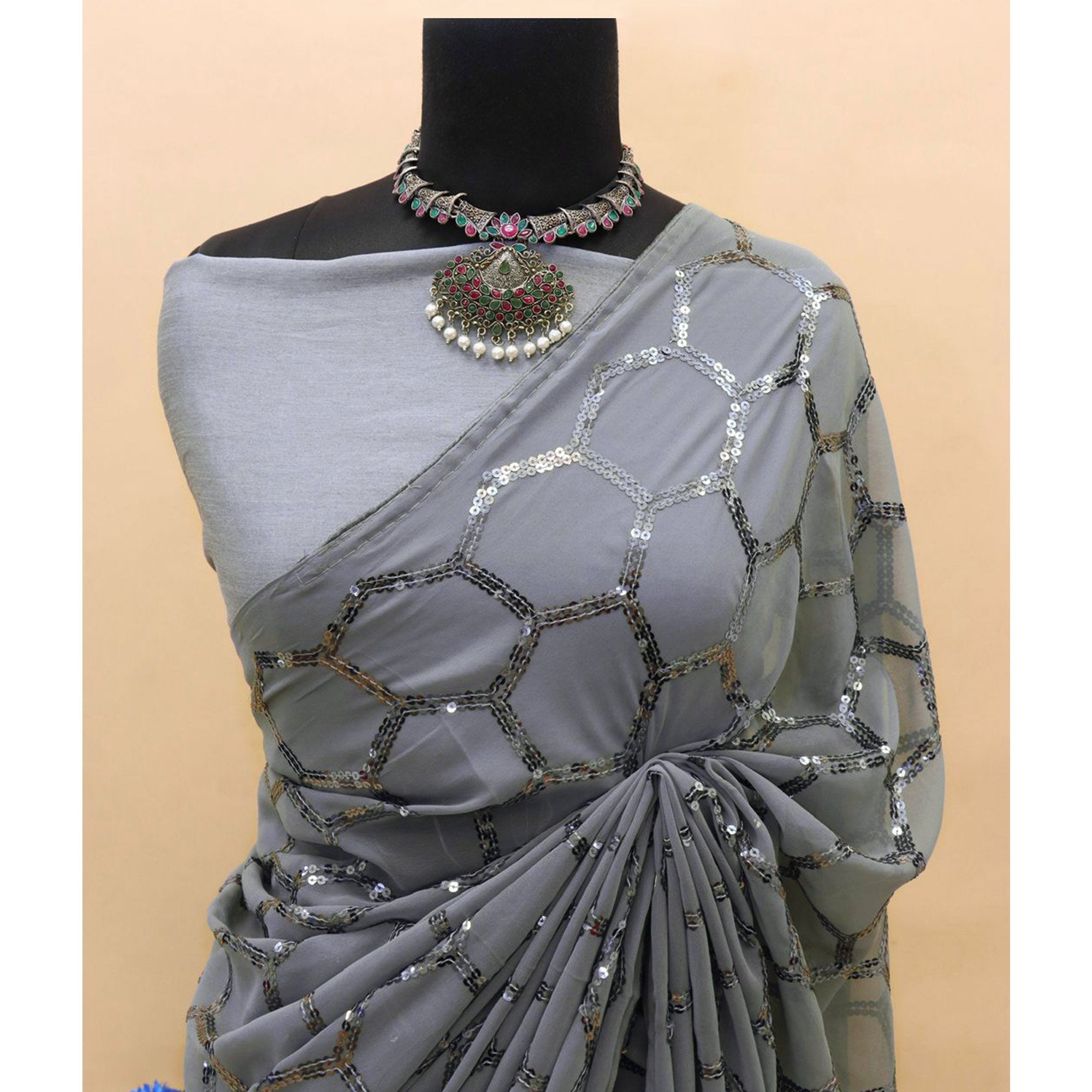 Grey Sequins Embroidered Georgette Saree