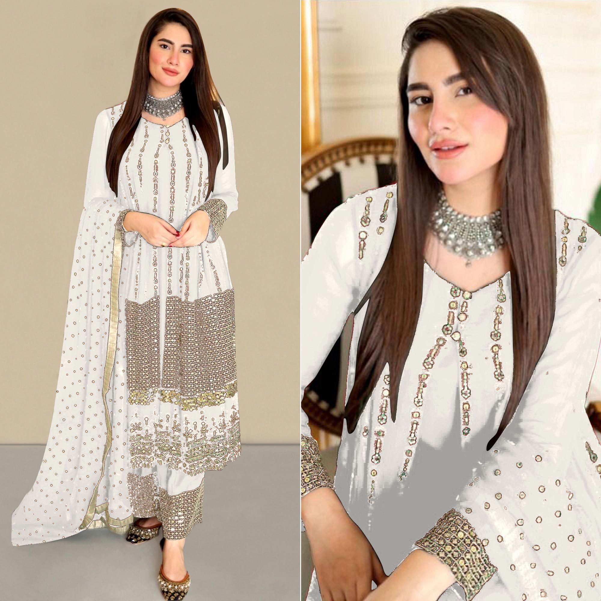 White Sequins Embroidered Georgette Pakistani Suit