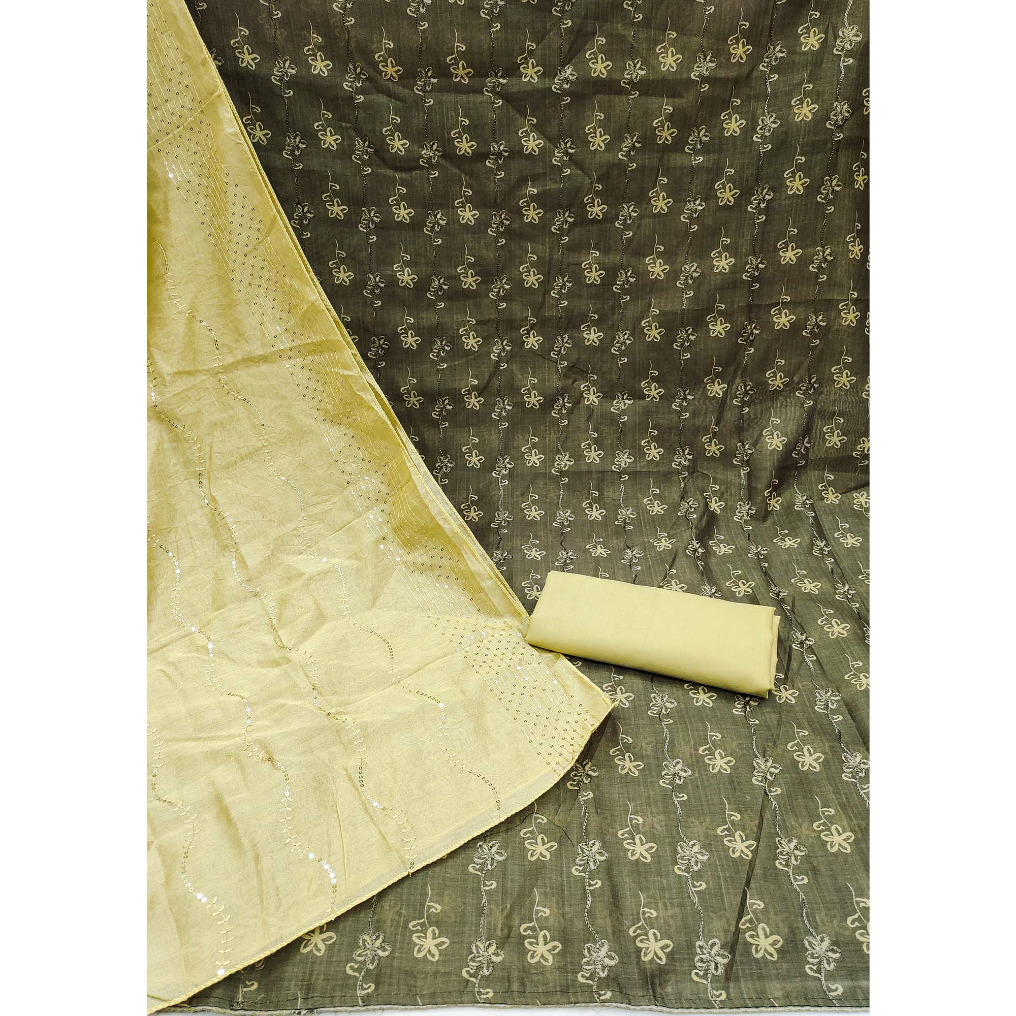 Green Digital Printed With Embroidered Chanderi Dress Material