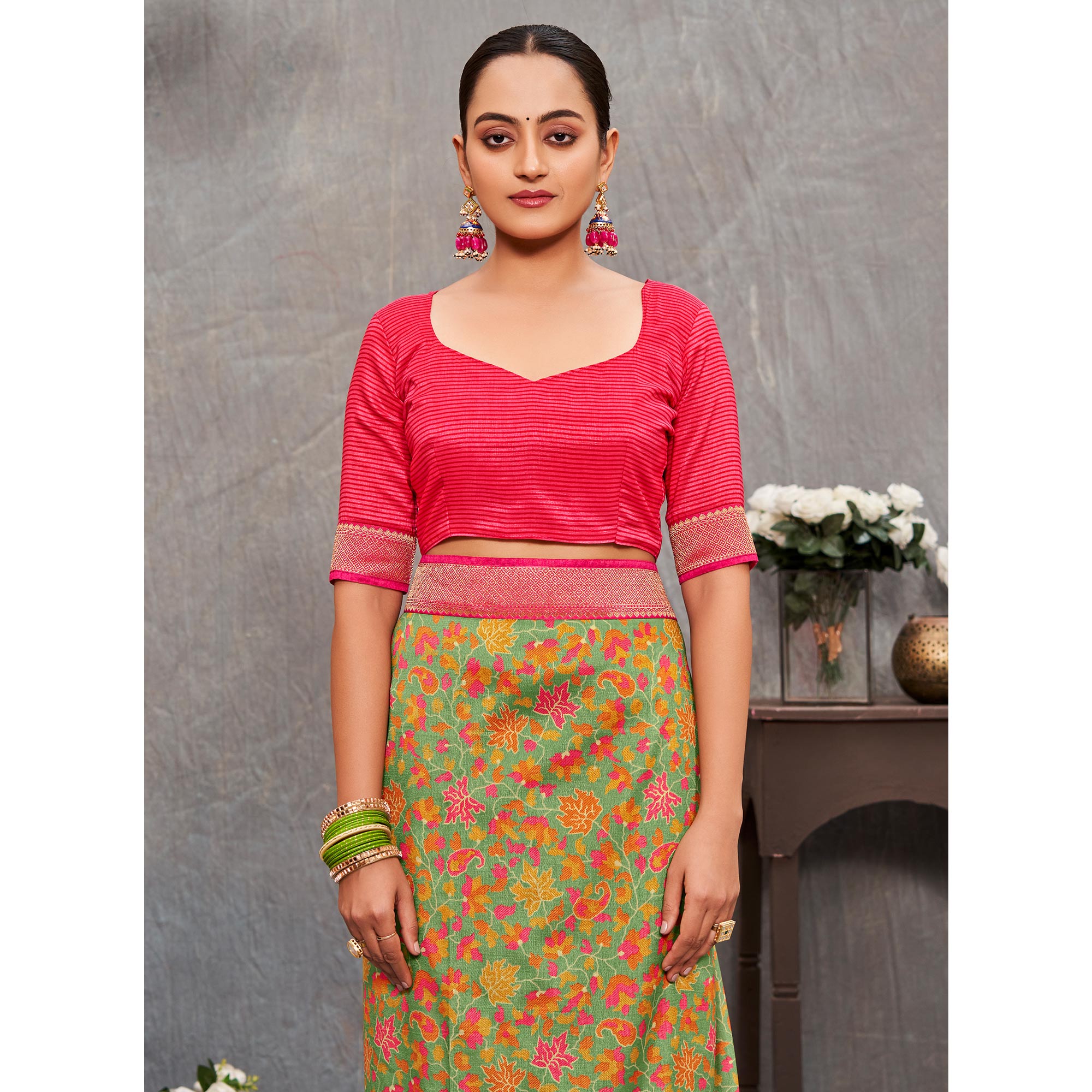 Green Floral Printed Tussar Silk Saree