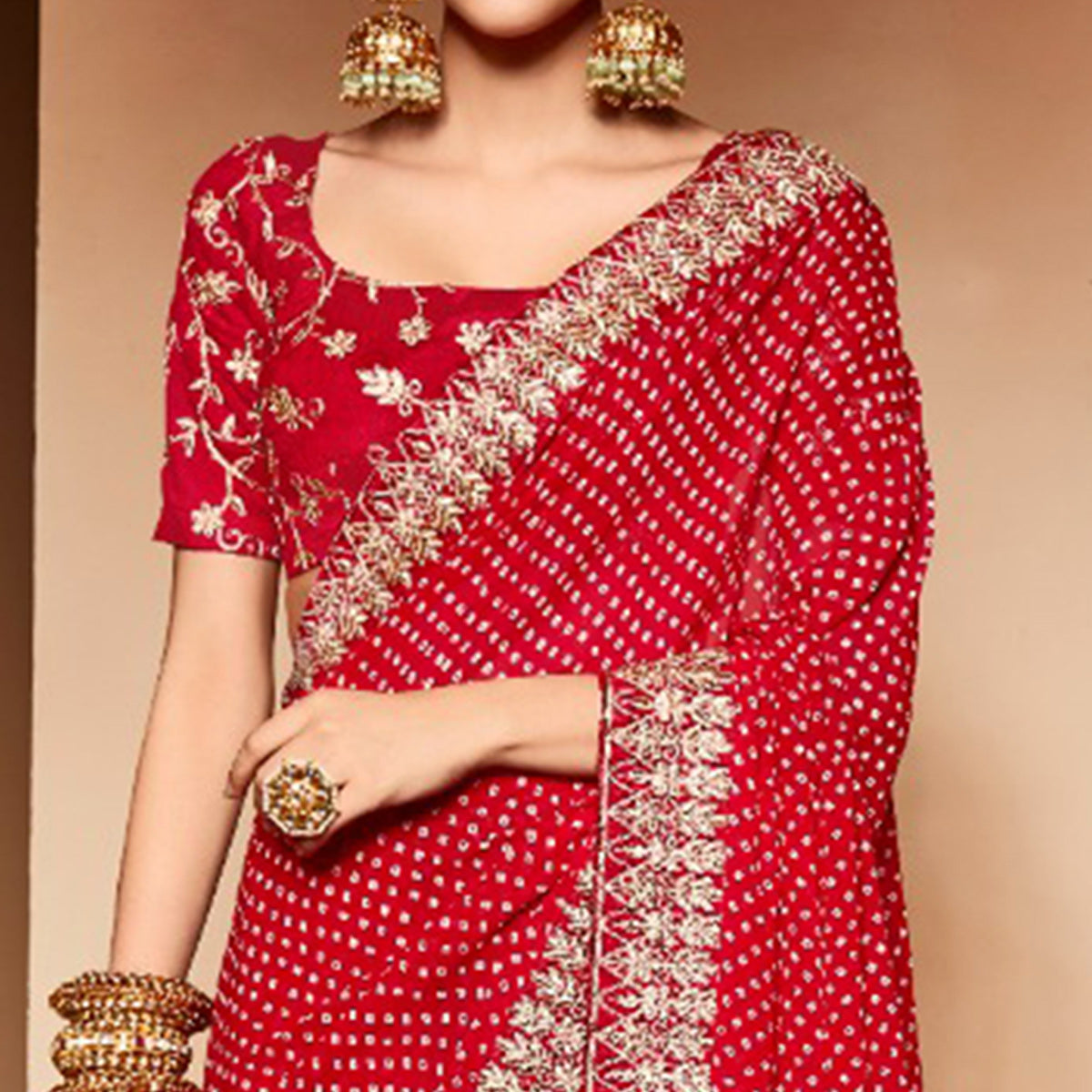 Red Bandhani Printed With Embroidered Border Georgette Saree