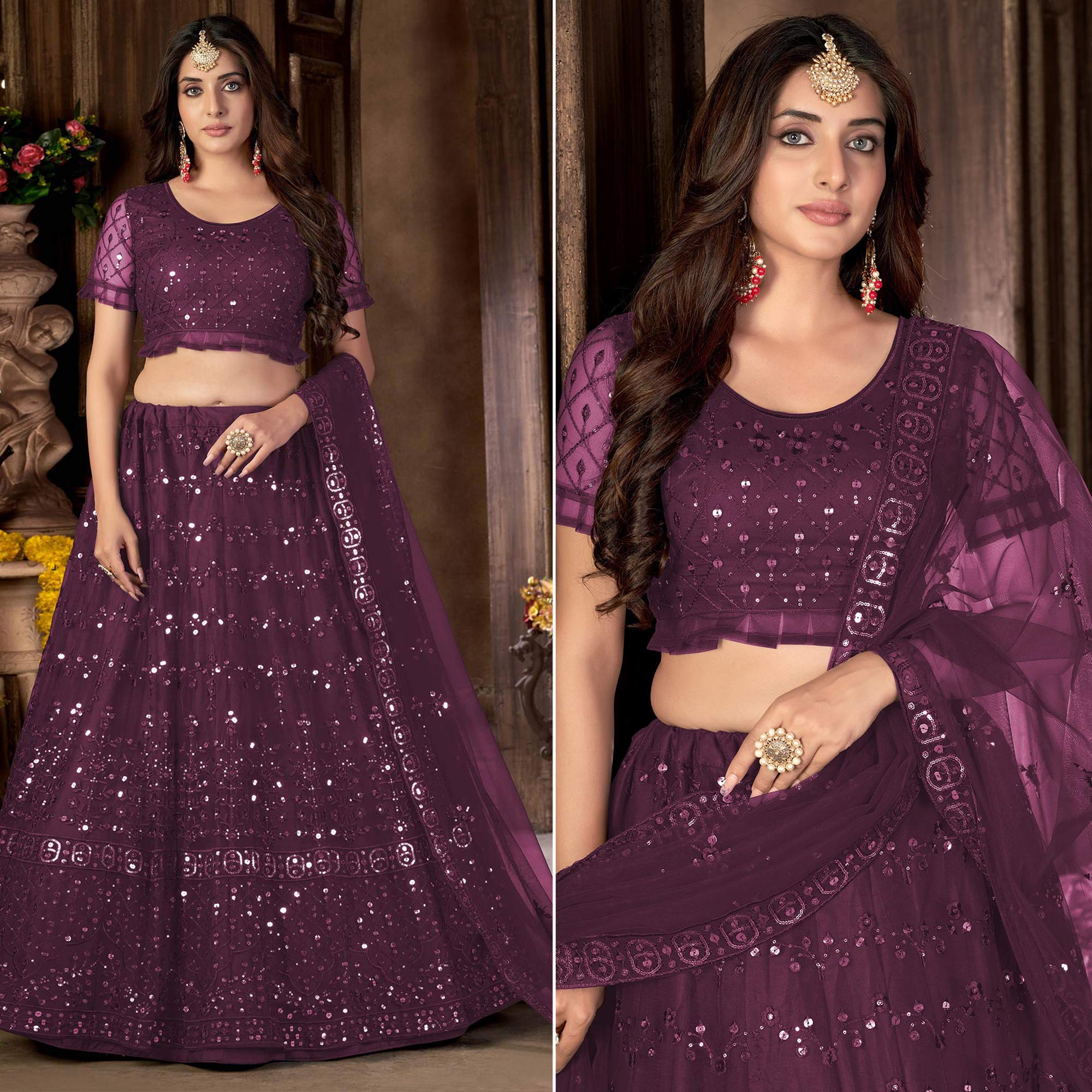 Purple Sequins Embroidered Net Lehenga Choli