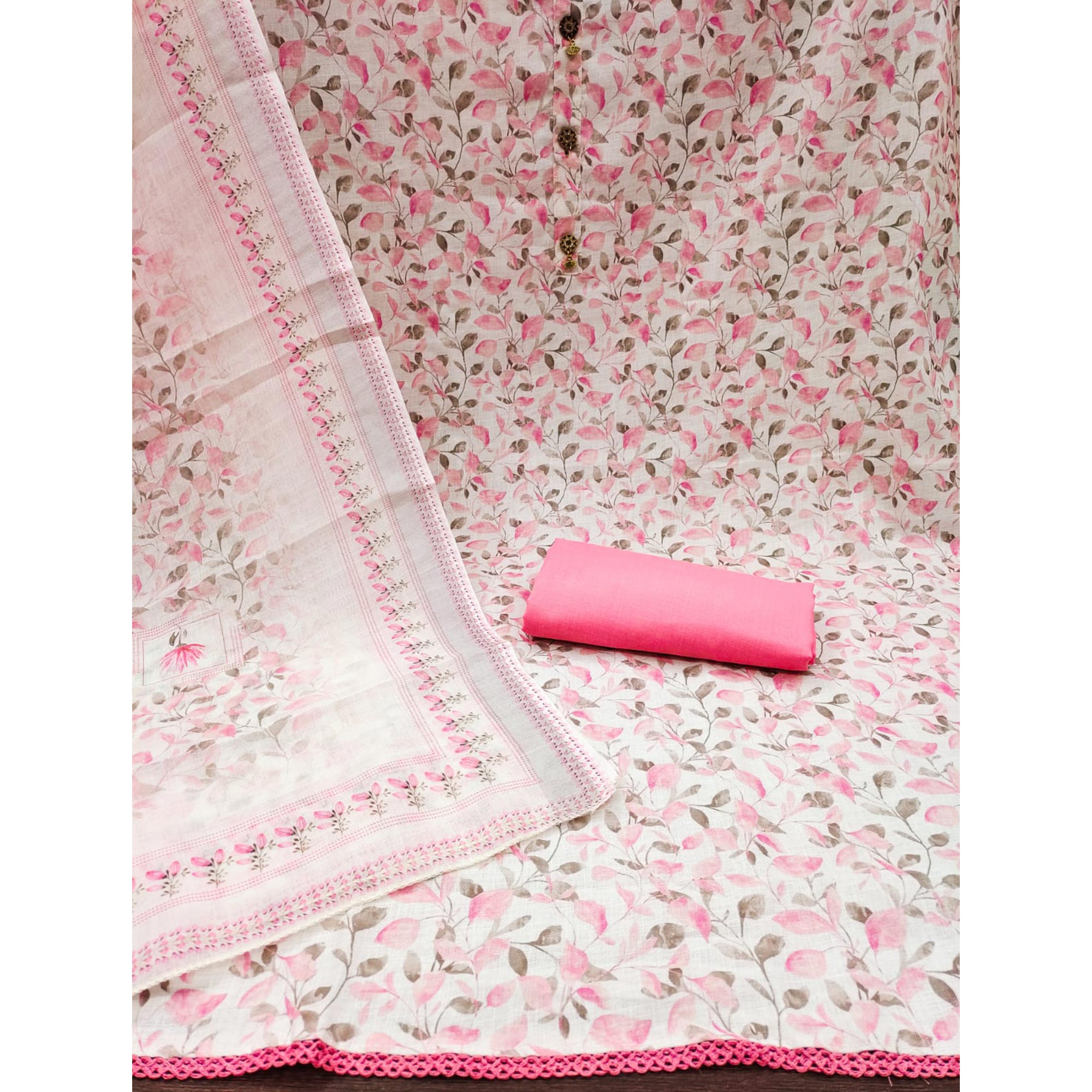White & Pink Floral Digital Printed Cotton Dress Material