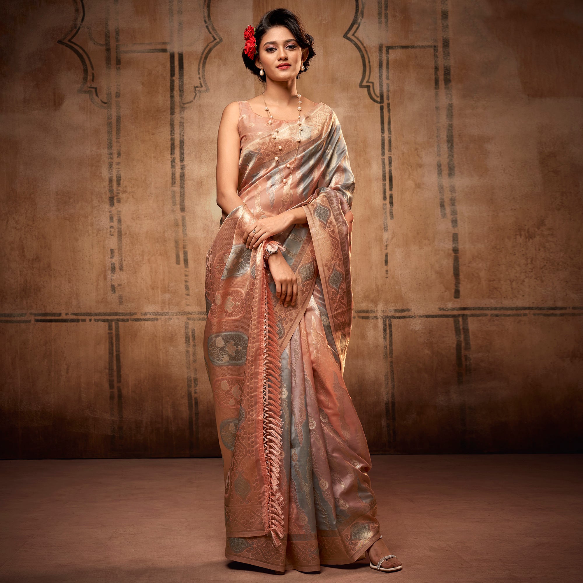 Peach & Grey Woven Organza Saree