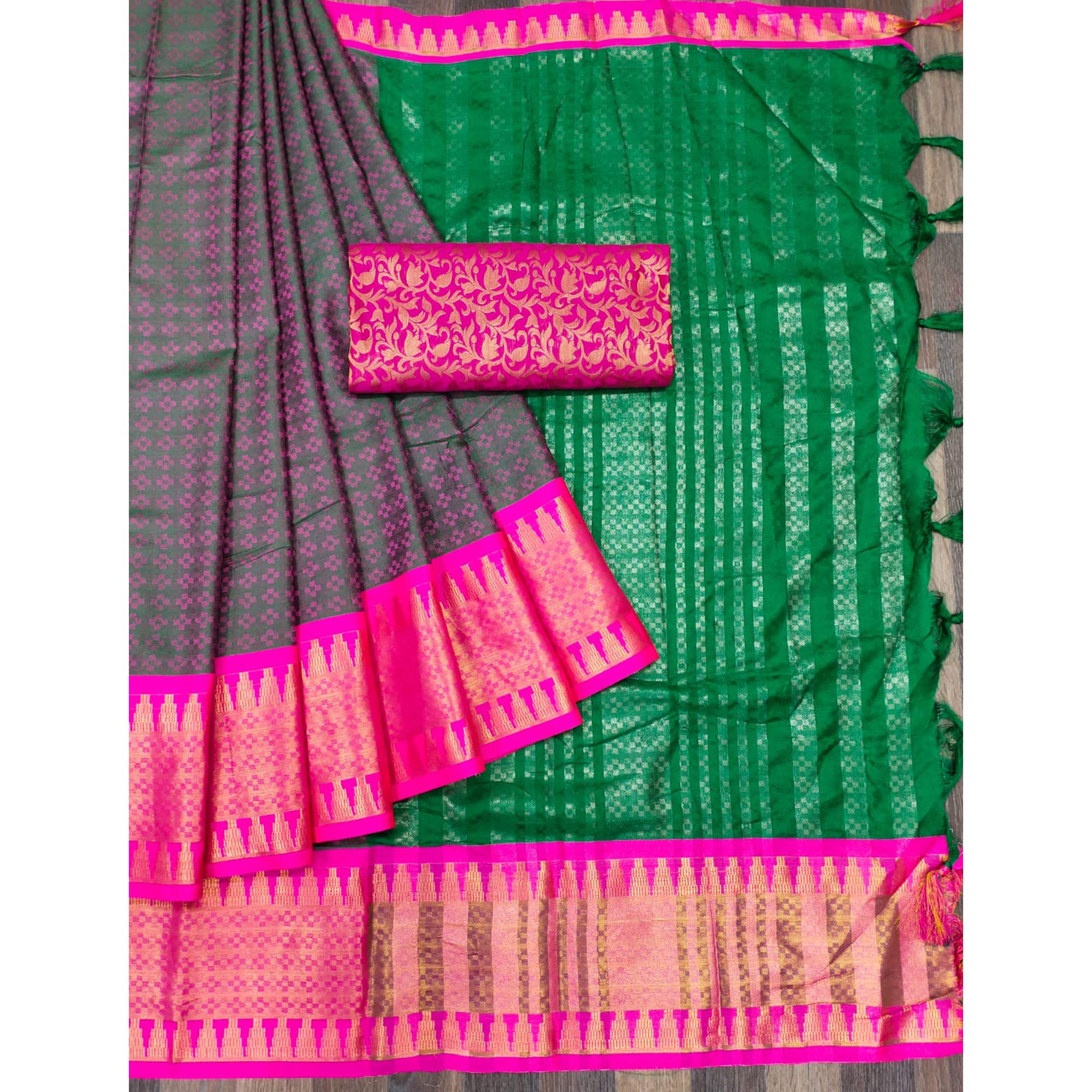 Green Woven Cotton Silk Saree With Tassels