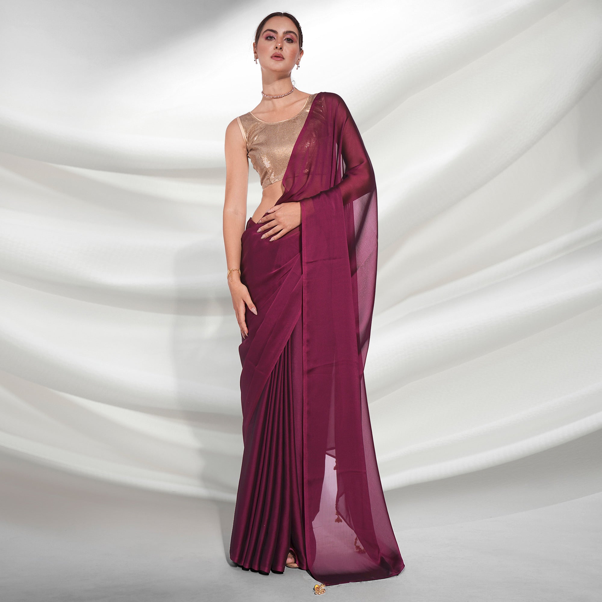 Dark Magenta Purple Solid Georgette Saree