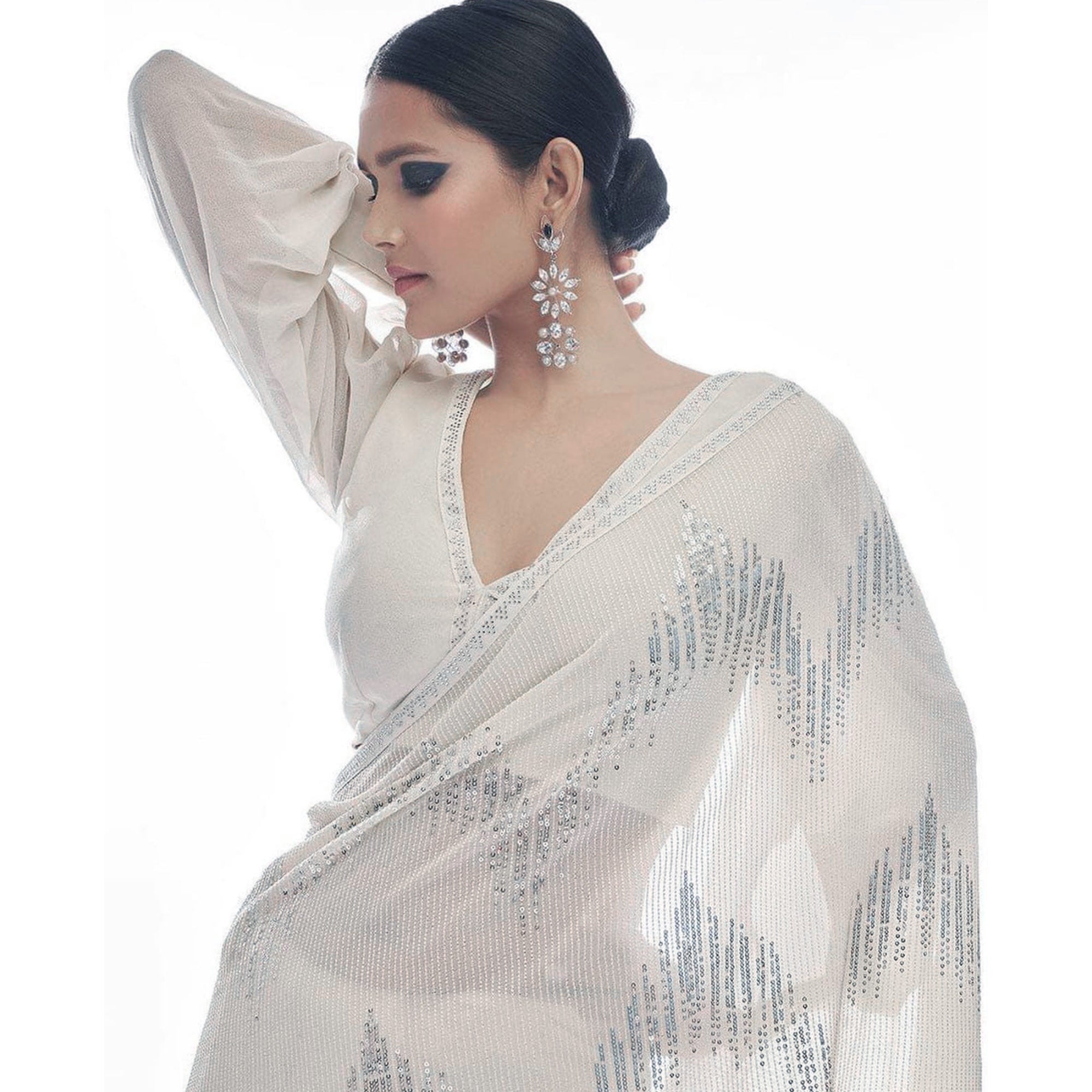 White Sequins Embroidered Georgette Saree