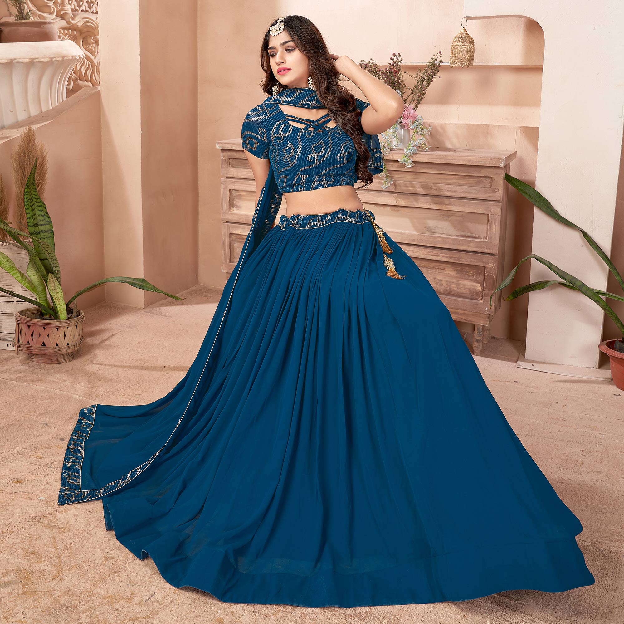 Teal Blue Sequins Embroidered Georgette Lehenga Choli