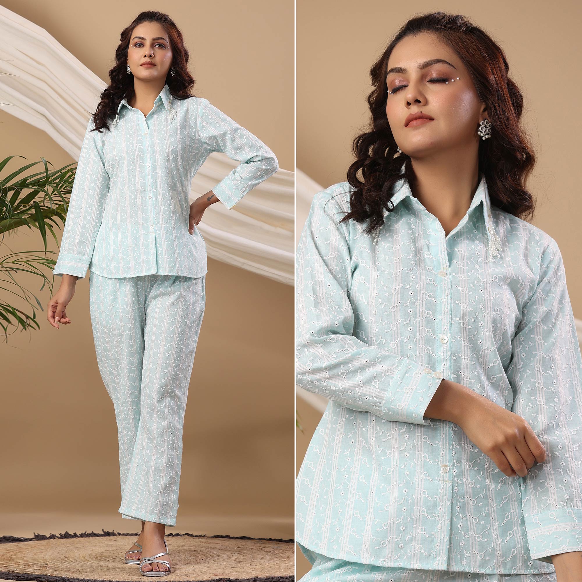 Light Blue Embroidered Pure Cotton Co Ord Set