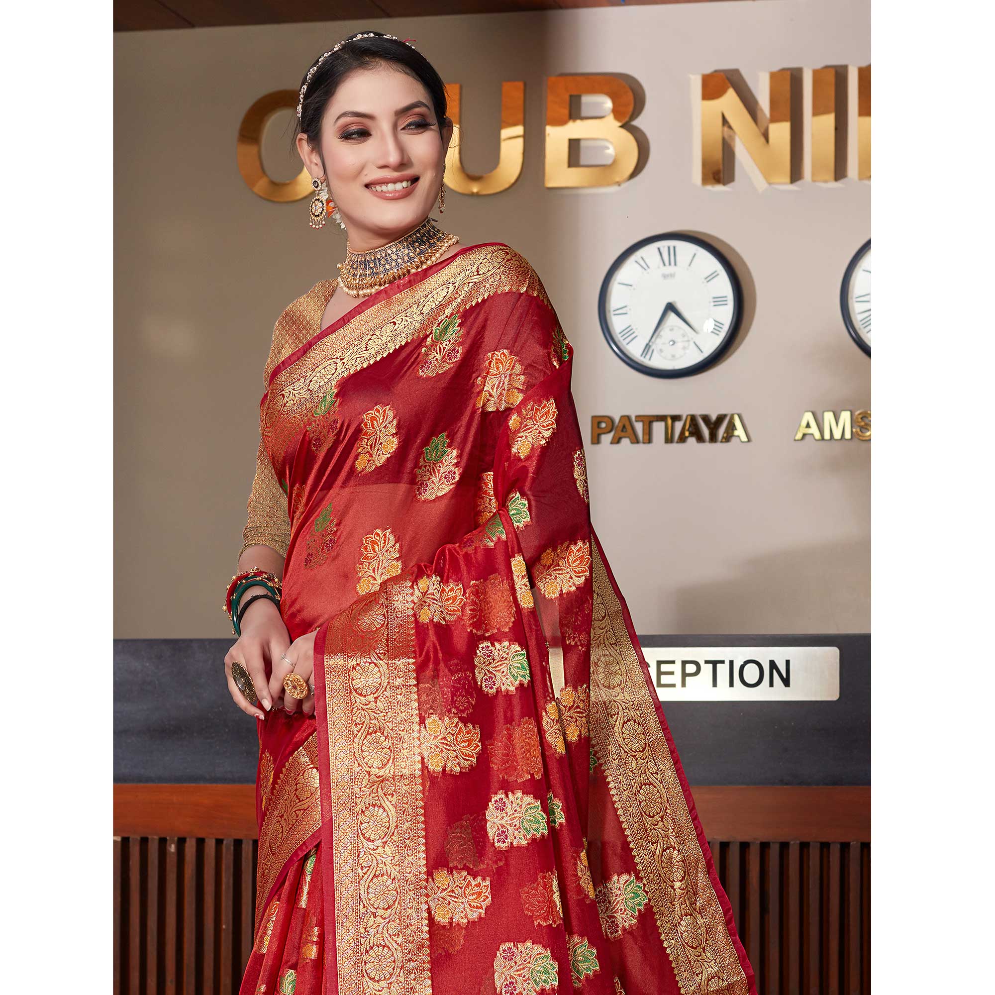 Red Floral Woven Organza Saree