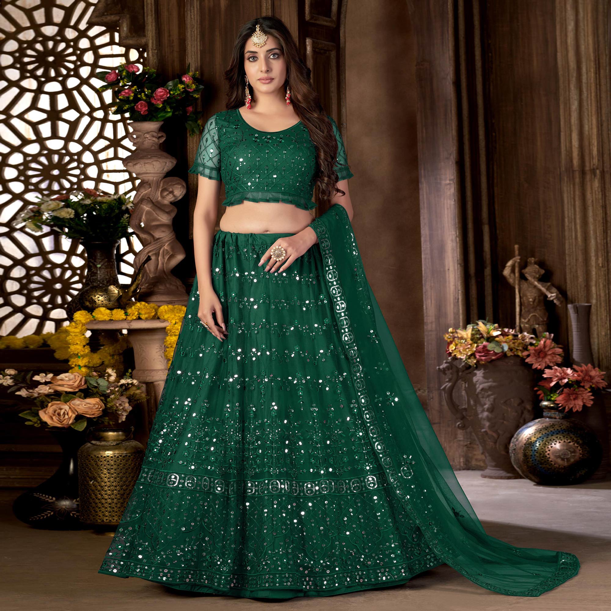Green Sequins Embroidered Netted Lehenga Choli