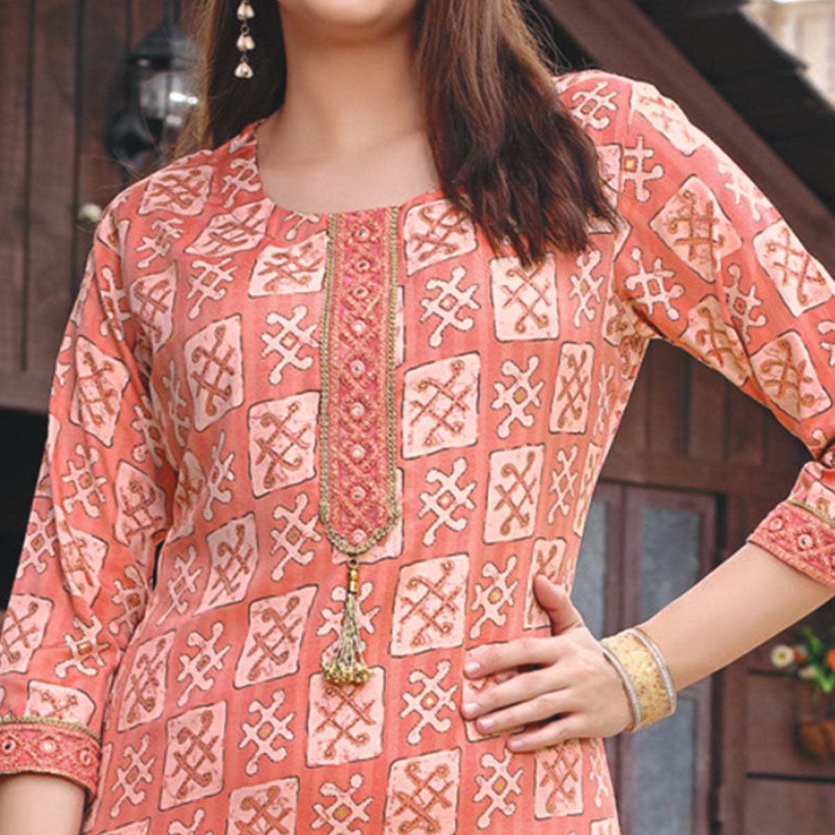 Light Peach Printed Muslin Kurti