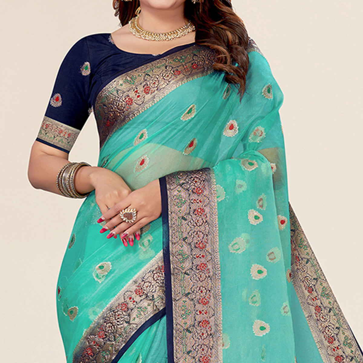 Turquoise Woven Organza Saree With Tassels