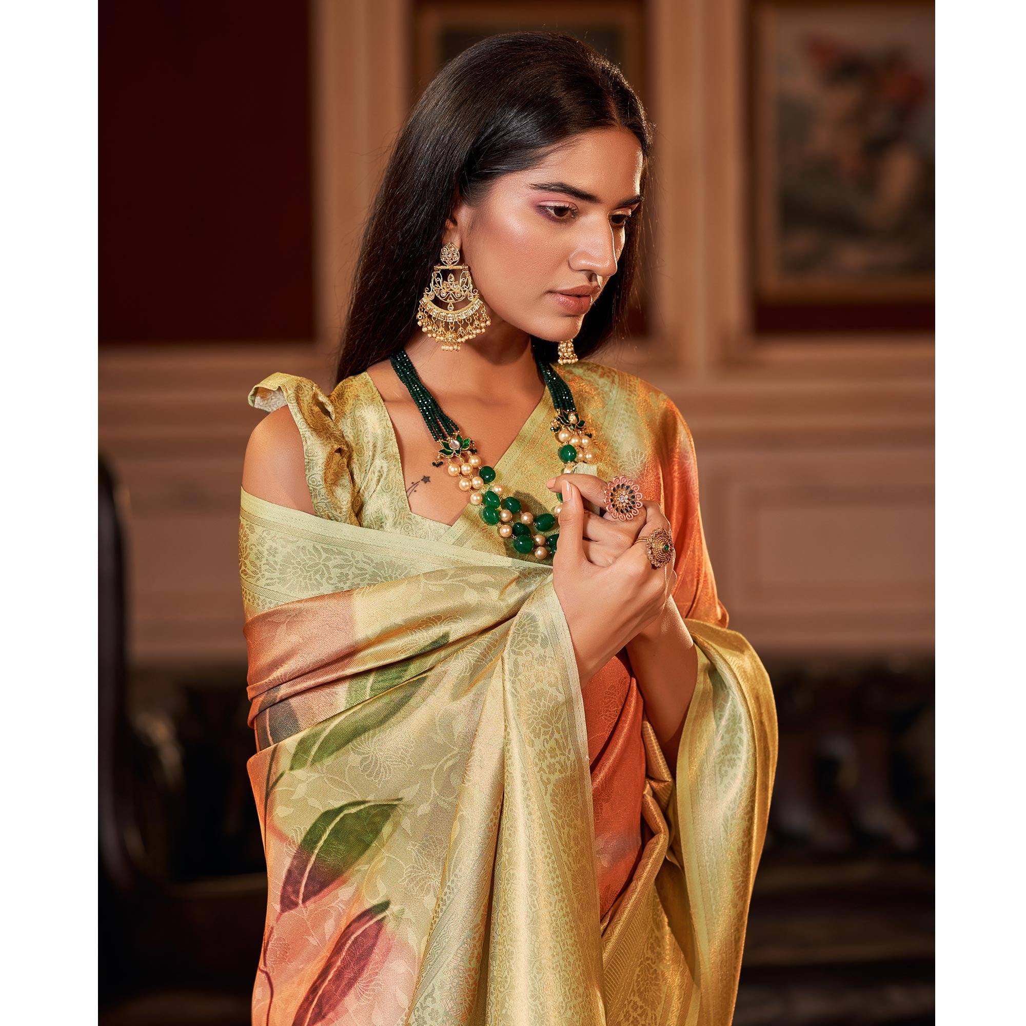 Peach & Pista Green Woven Jacquard Saree With Tassels