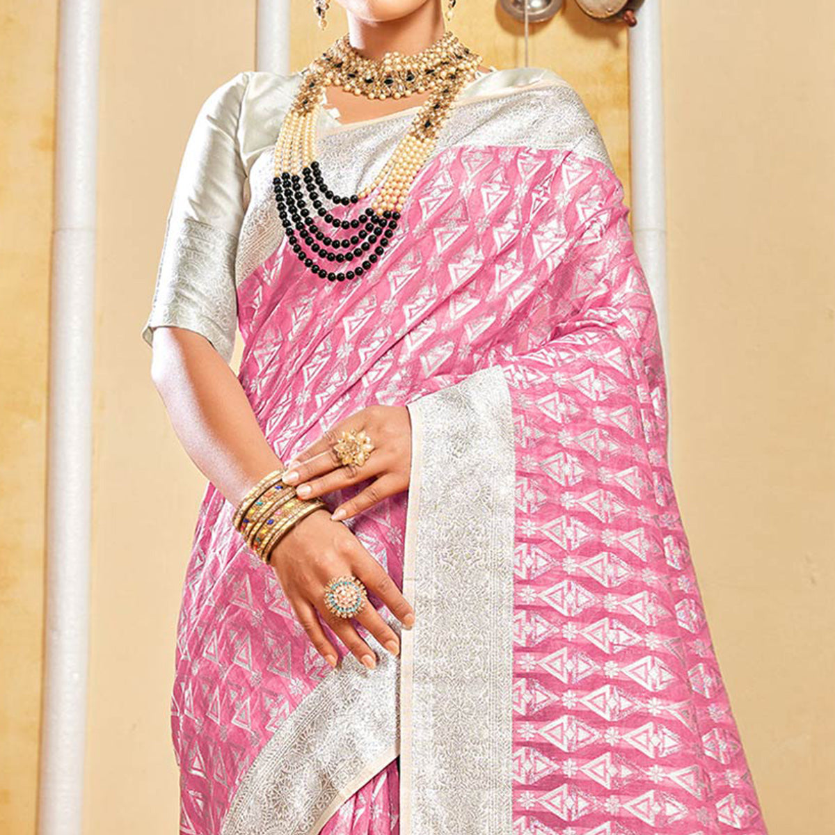Pink Woven Cotton Silk Saree With Tassels