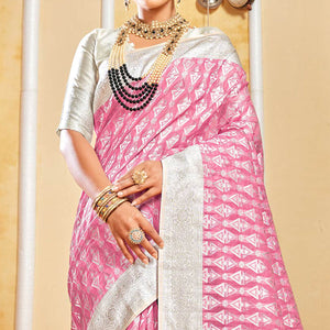 Pink Woven Cotton Silk Saree With Tassels