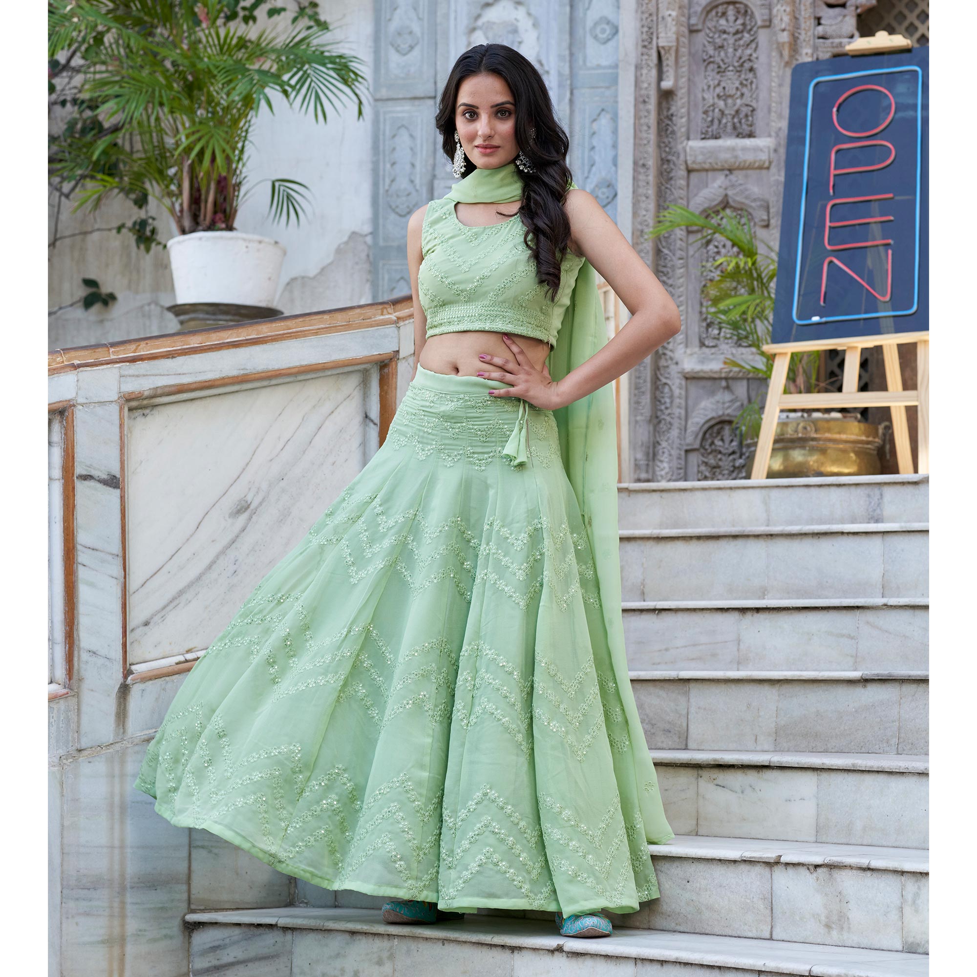 Green Sequins Embroidered Viscose Georgette Lehenga Choli