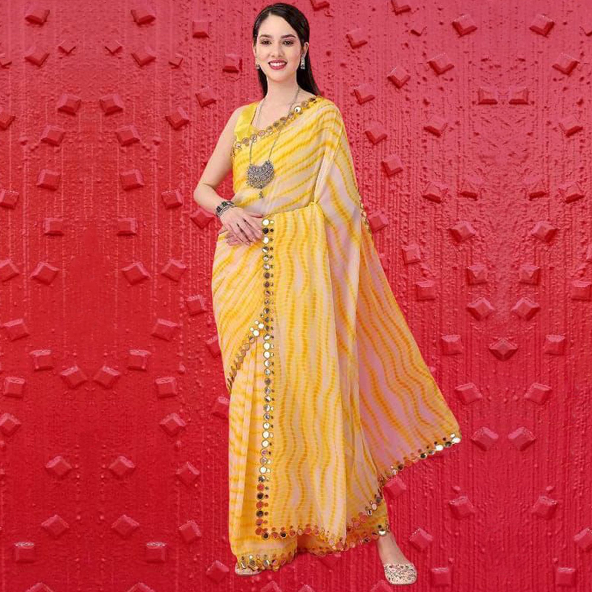 Yellow Printed With Fancy Mirror Georgette Saree