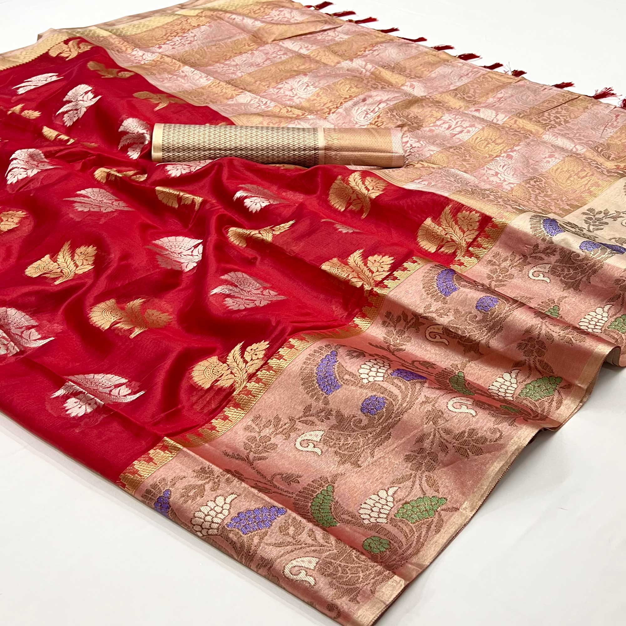 Red Floral Woven Organza Saree With Tassels
