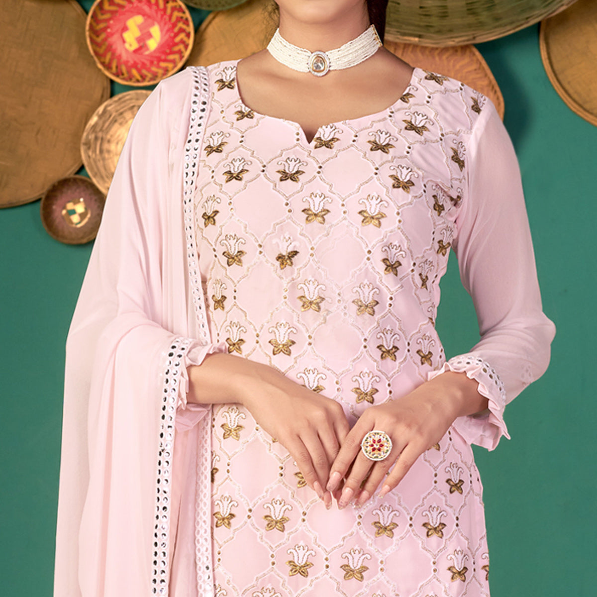 Pink Floral Embroidered Georgette Suit