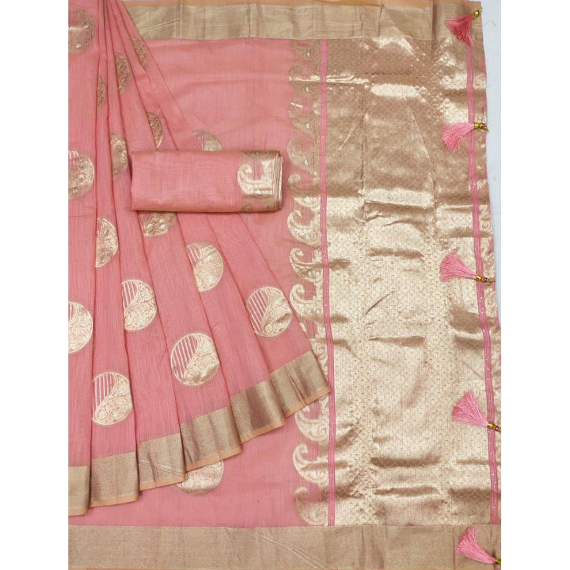 Pink Woven Art Silk Saree With Tassels