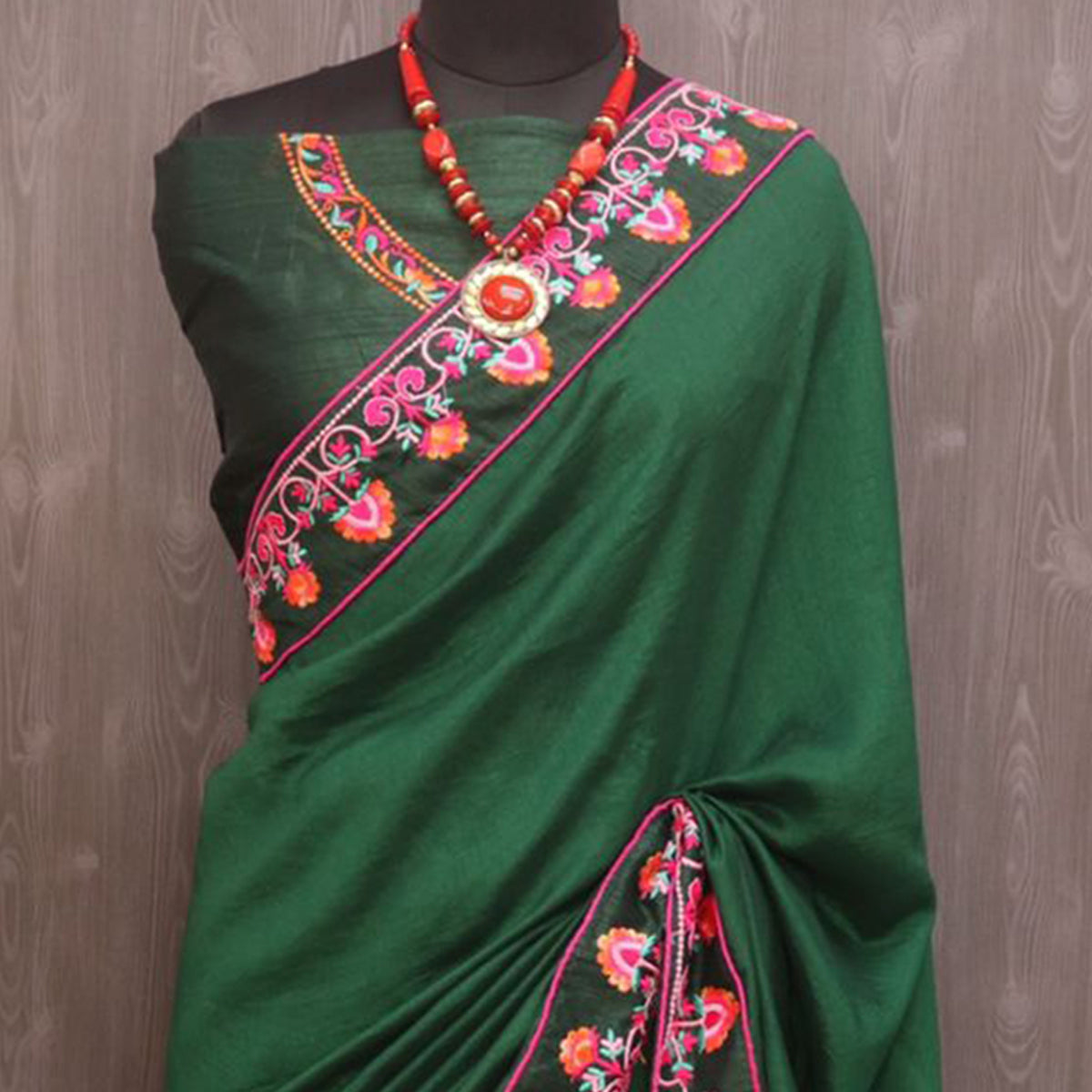 Green Floral Embroidered Vichitra Silk Saree