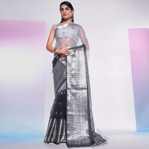 Black & Grey Sequins Embroidered Organza Saree