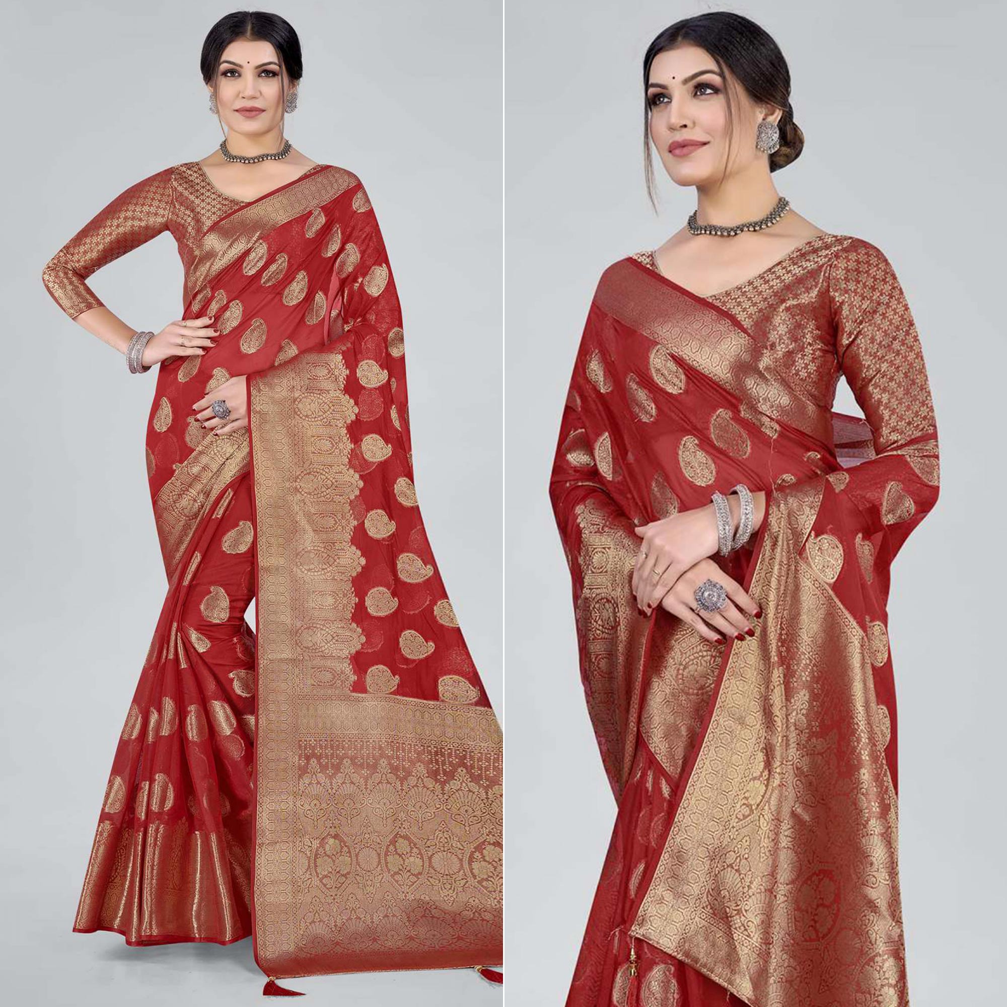 Red Woven Organza Saree With Tassels