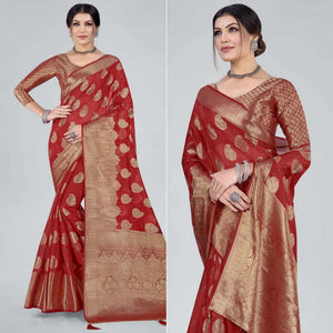 Red Woven Organza Saree With Tassels