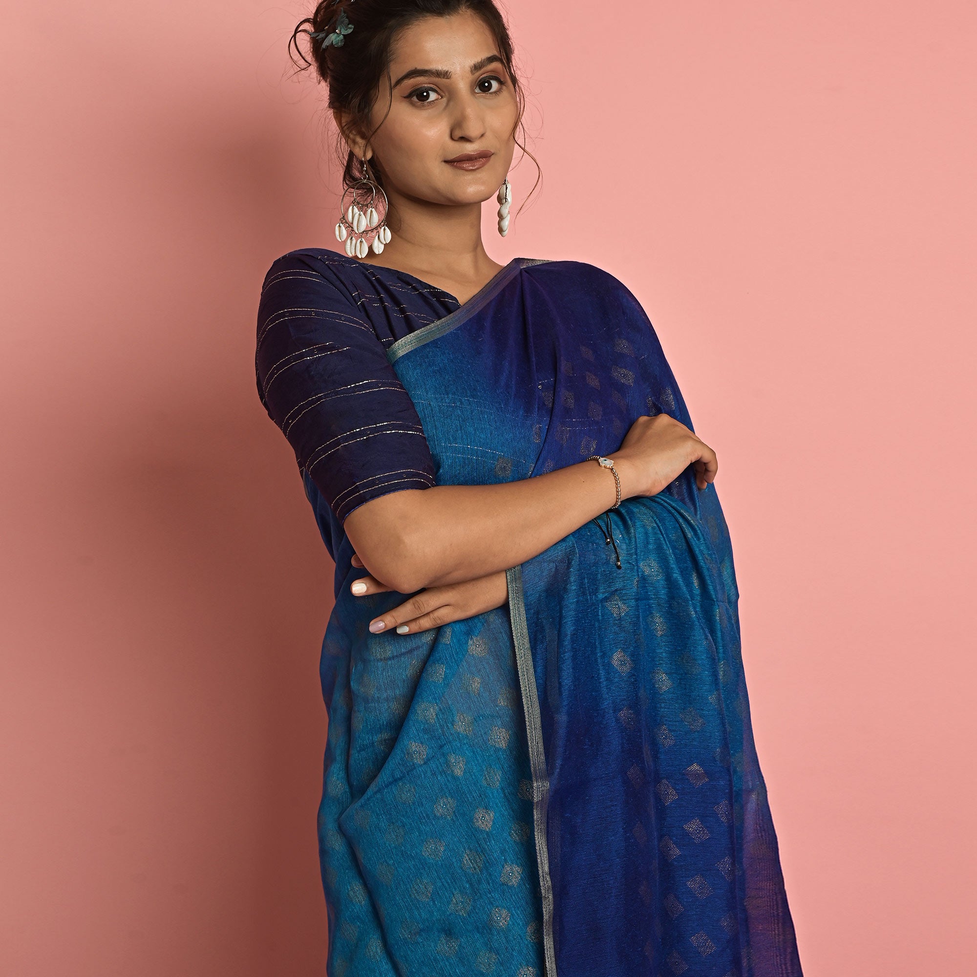 Blue & Navy Blue Foil Printed Cotton Blend Saree