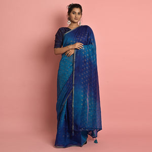 Blue & Navy Blue Foil Printed Cotton Blend Saree