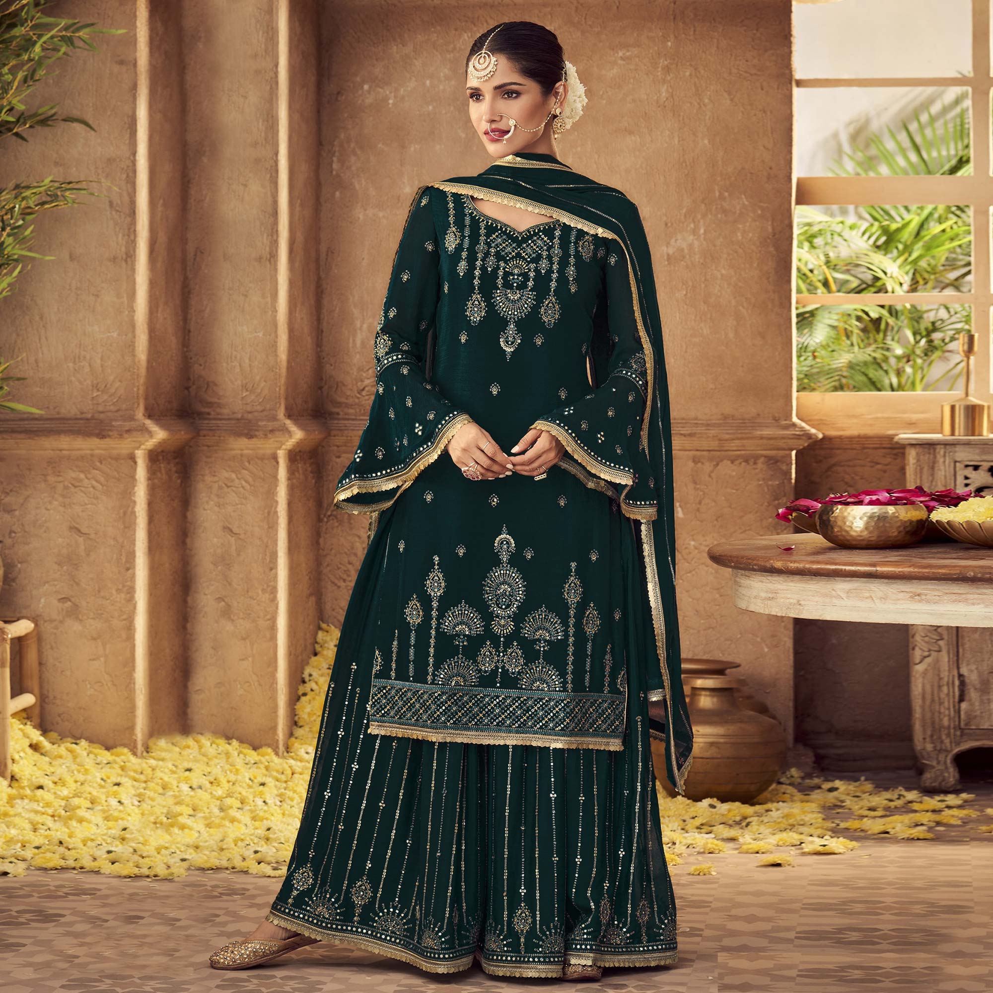 Green Sequins Embroidered Georgette Sharara Suit