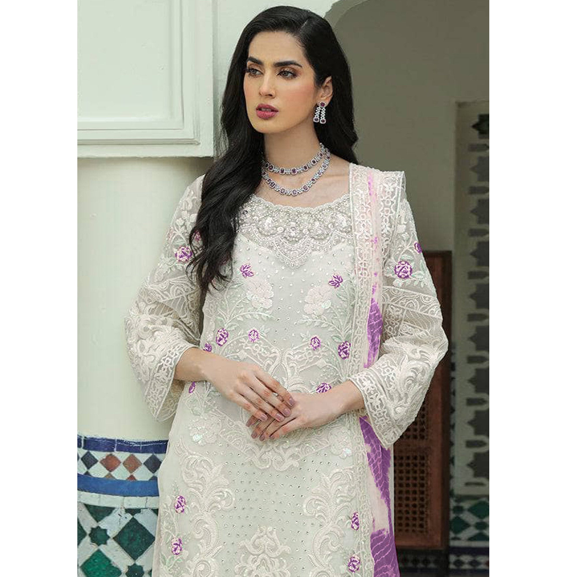 White Sequins Embroidered Georgette Pakistani Suit