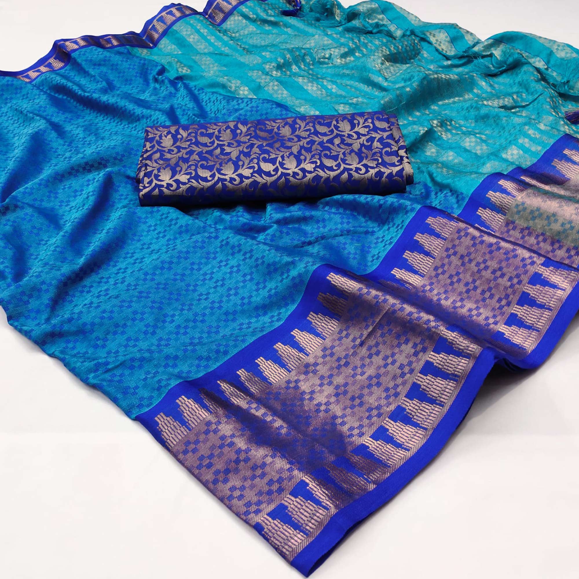 Firozi Blue Woven Cotton Silk Saree With Tassels