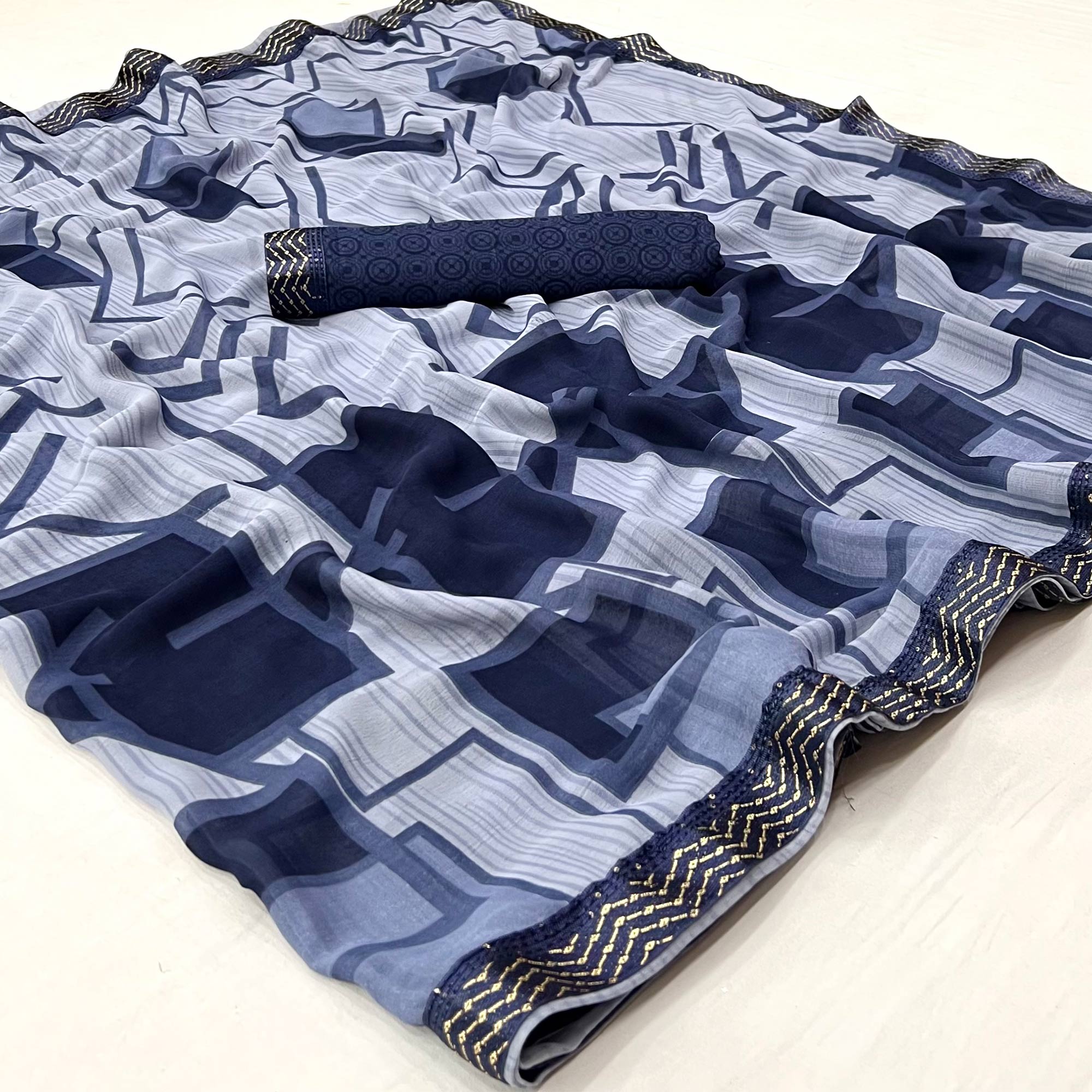 Blue Geometric Printed Georgette Saree