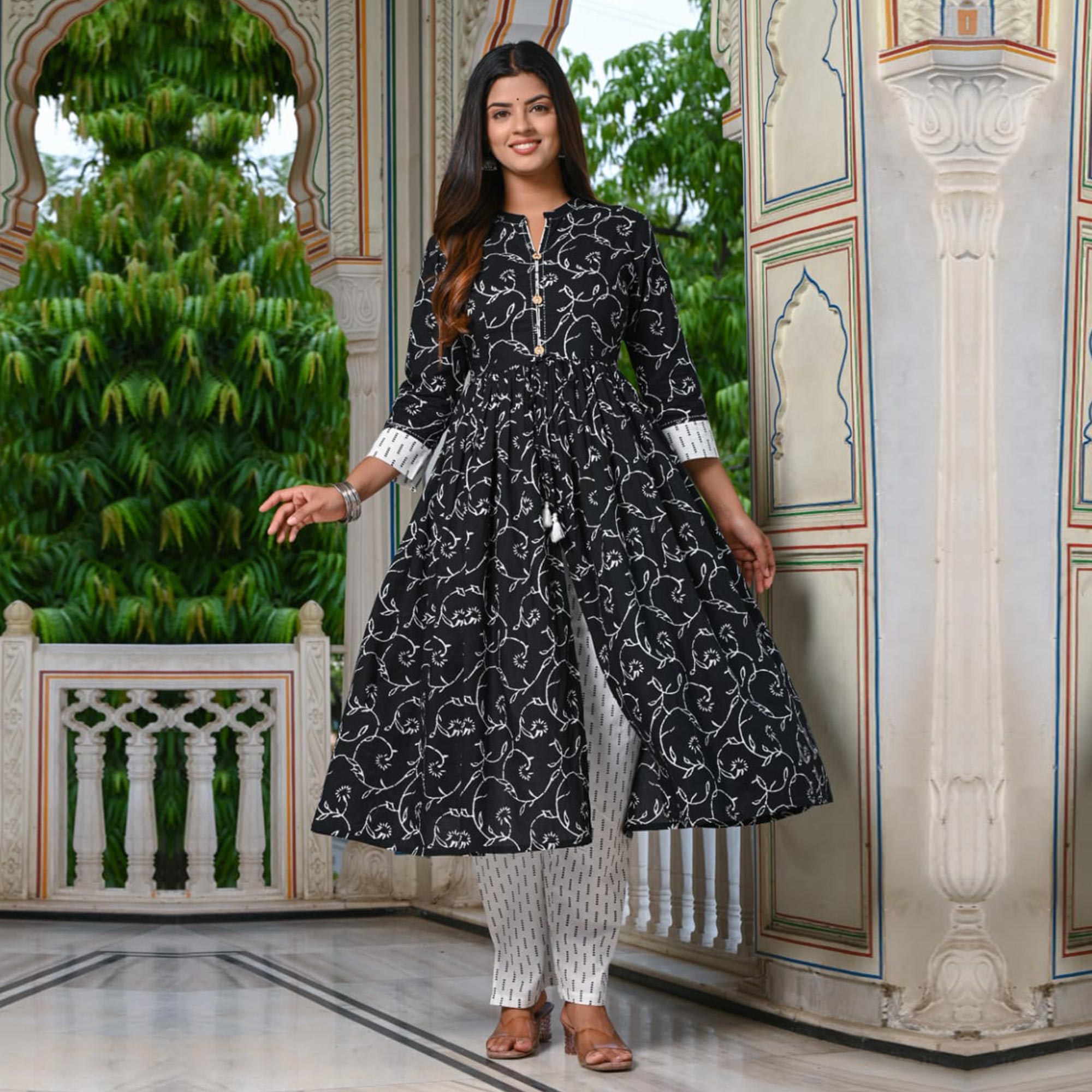 Black Floral Printed Pure Cotton Kurti Pant Set