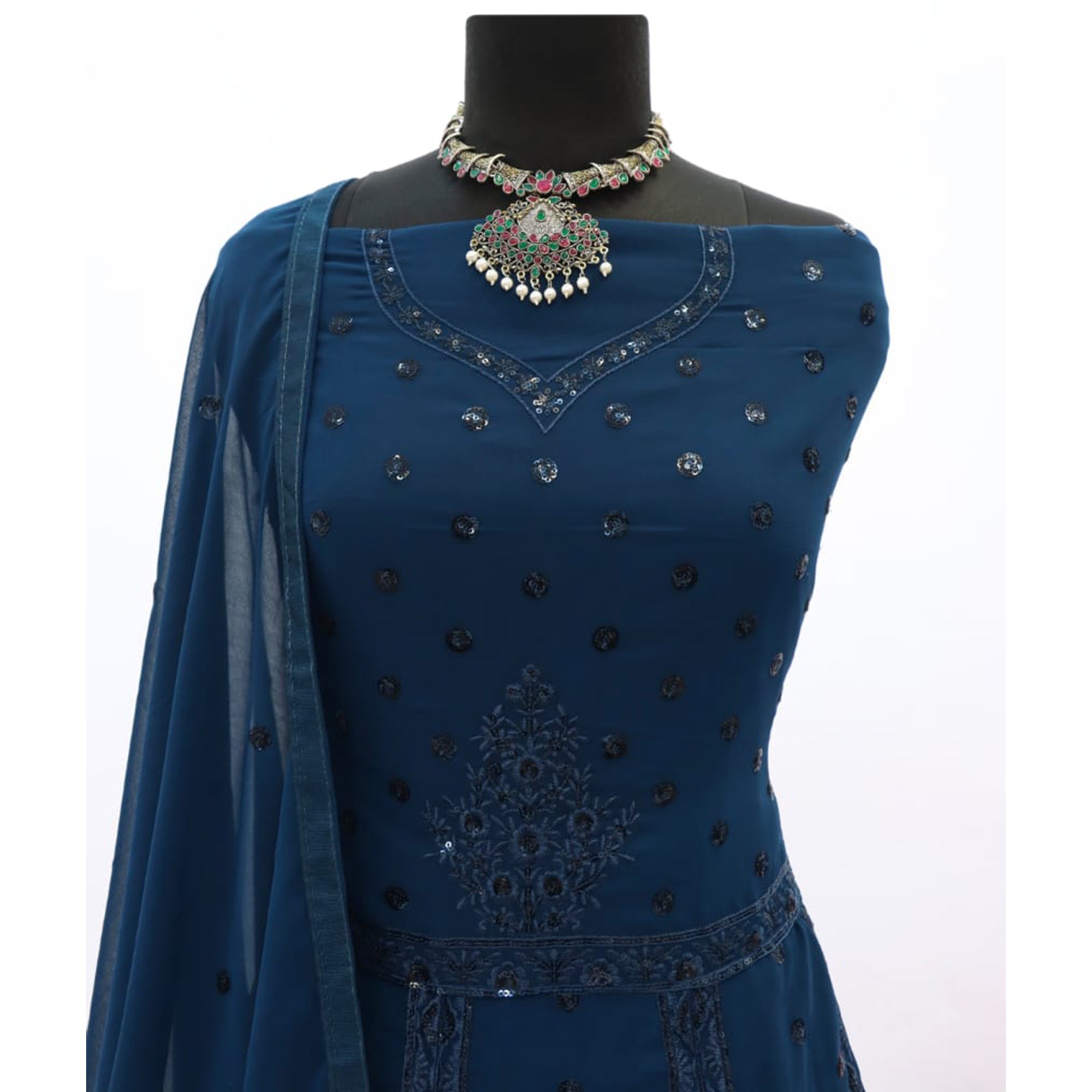 Sea Blue Embroidered Georgette Gown