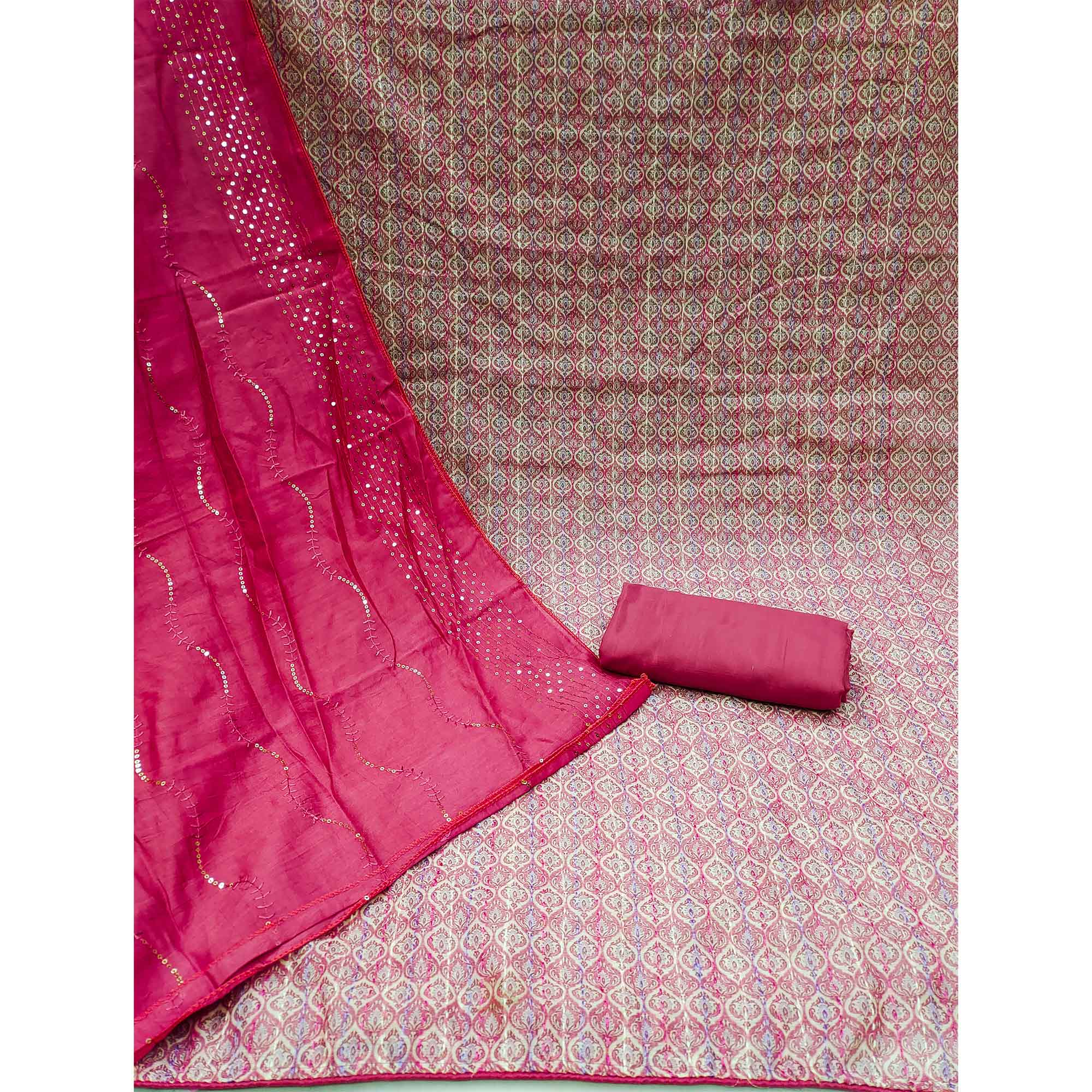 Pink Digital Printed With Embroidered Chanderi Dress Material