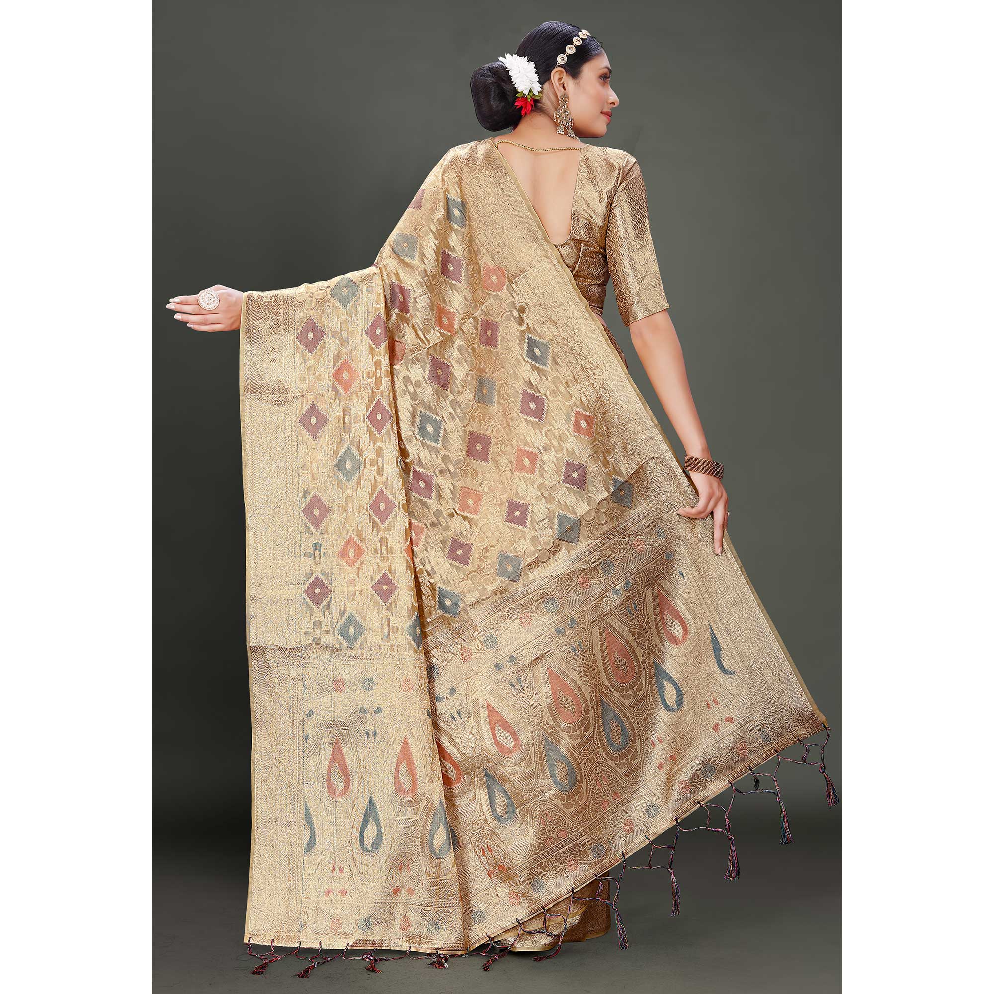 Peach Woven Organza Saree With Tassels