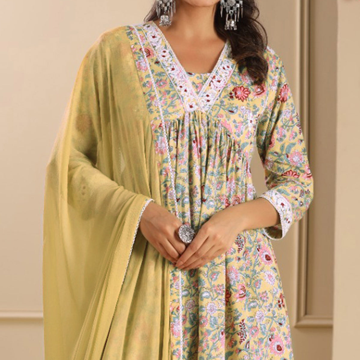 Mustard Floral Printed Pure Cotton Naira Cut Suit