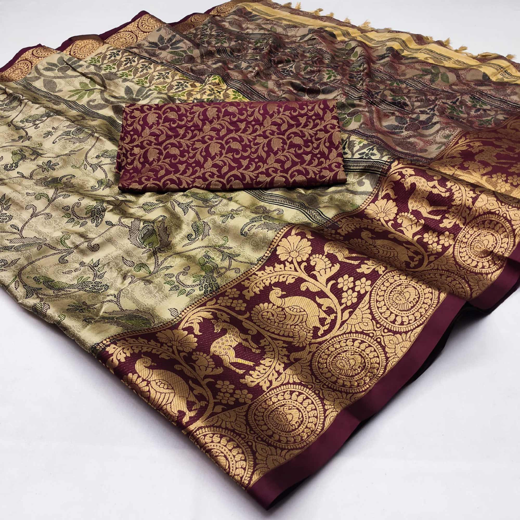 Chikoo Printed With Woven Border Cotton Silk Saree