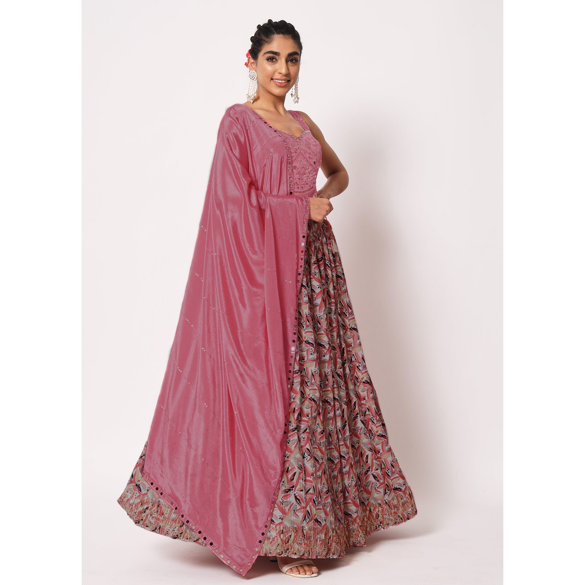 Pink Printed Art Silk Lehenga Choli