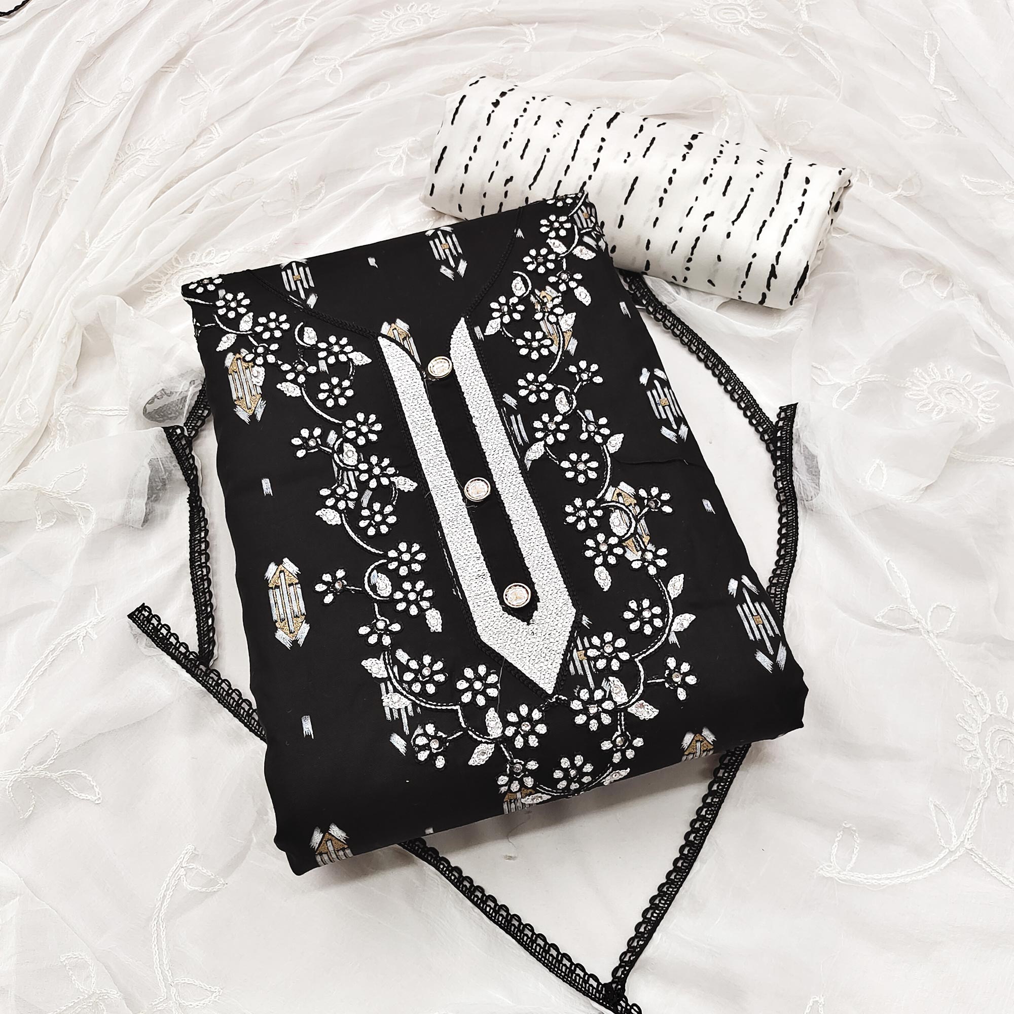 Black Printed With Embroidered Rayon Dress Material