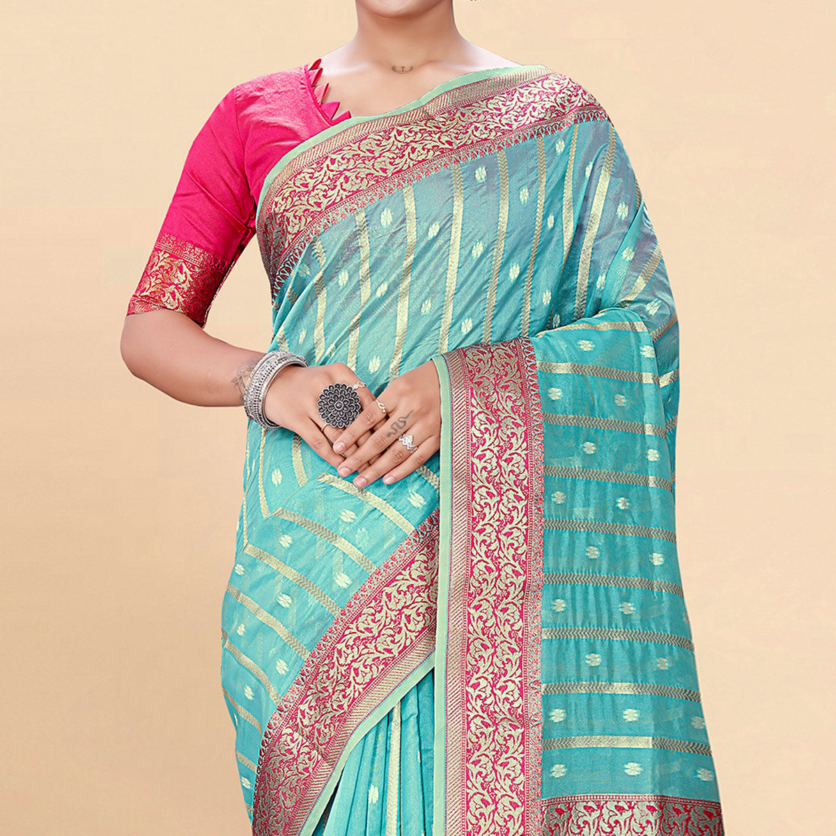 Blue Woven Organza Saree With Tassels