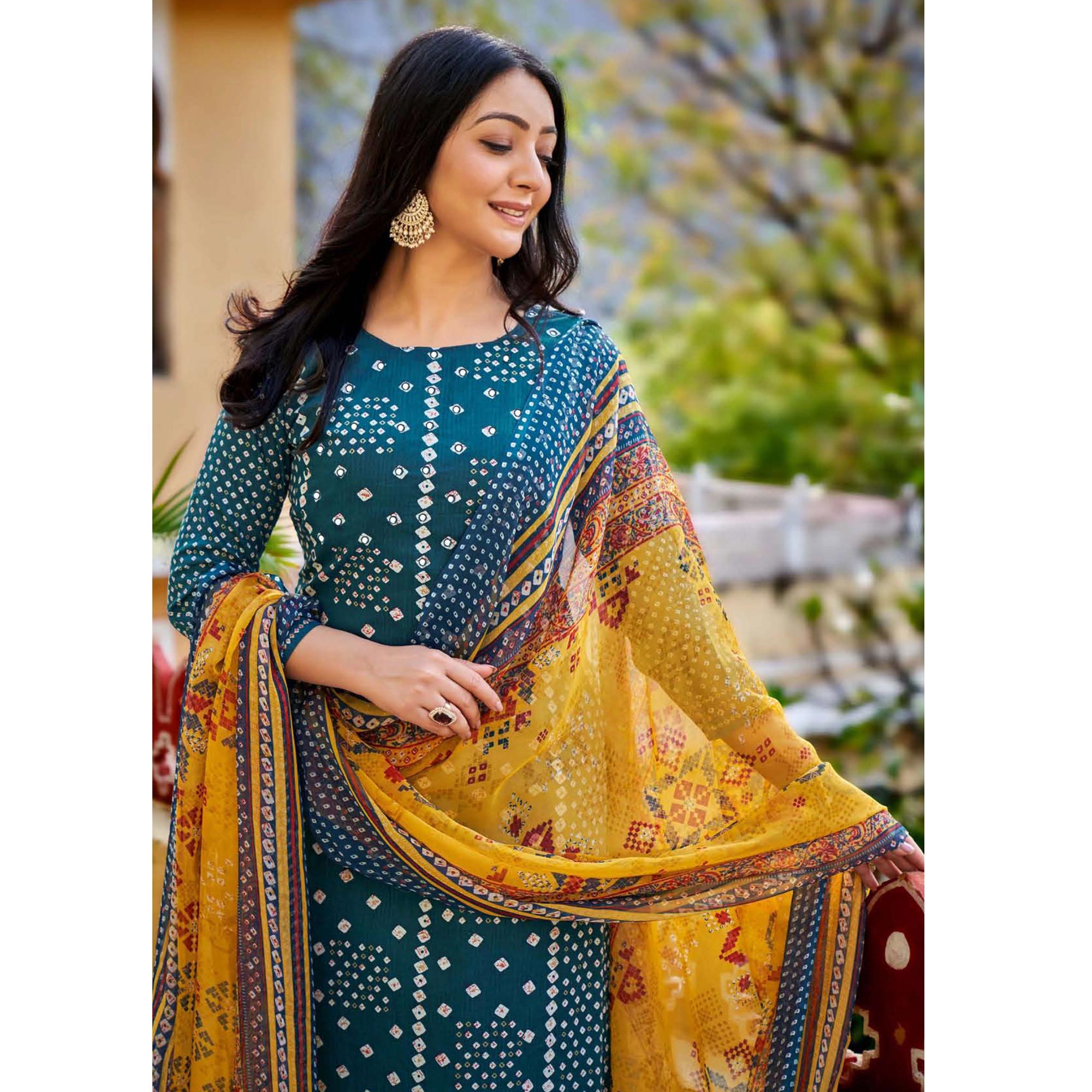 Teal Blue Bandhani Printed Pure Cotton Salwar Suit