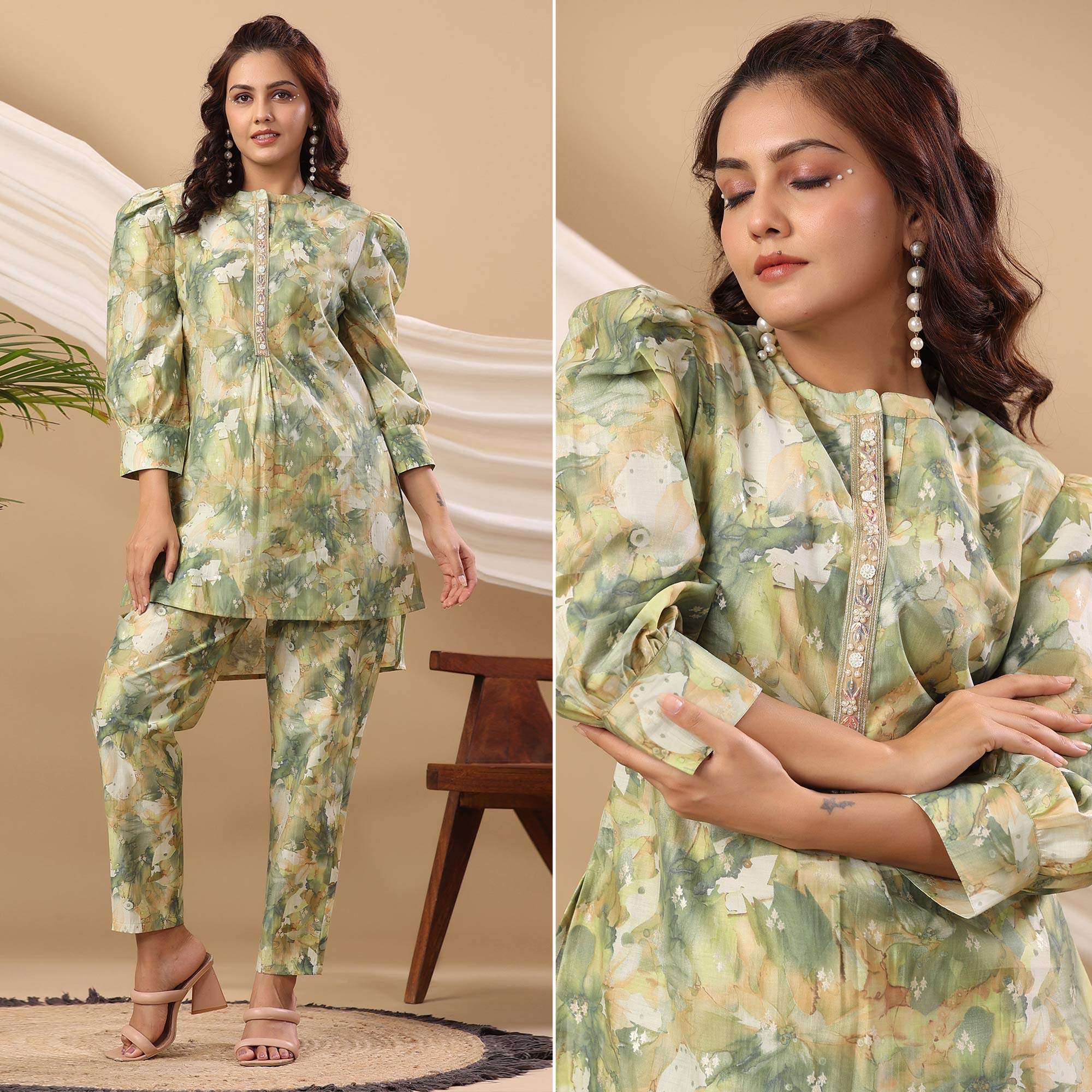 Green Floral Printed Cotton Silk Co Ord Set