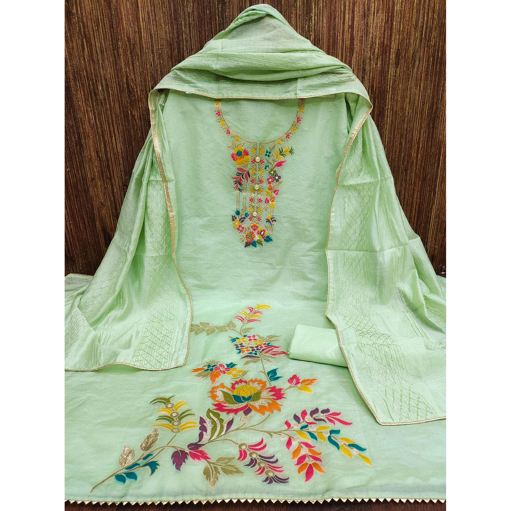 Green Floral Woven Dola Silk Dress Material