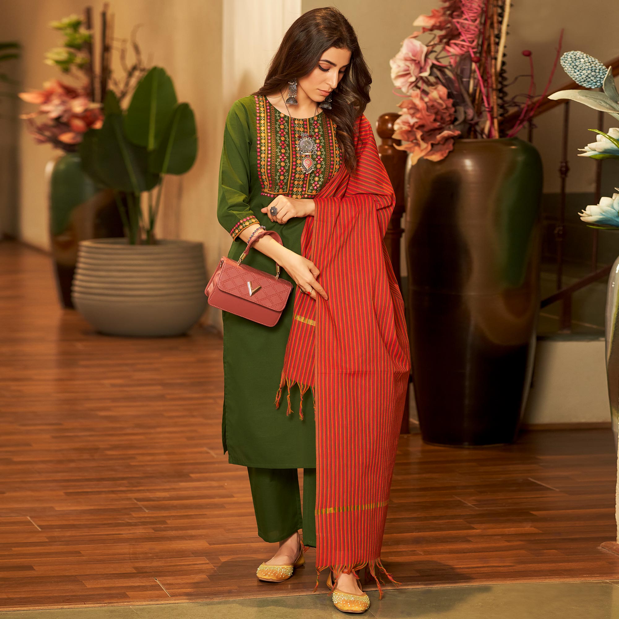 Green Embroidered Pure Cotton Suit