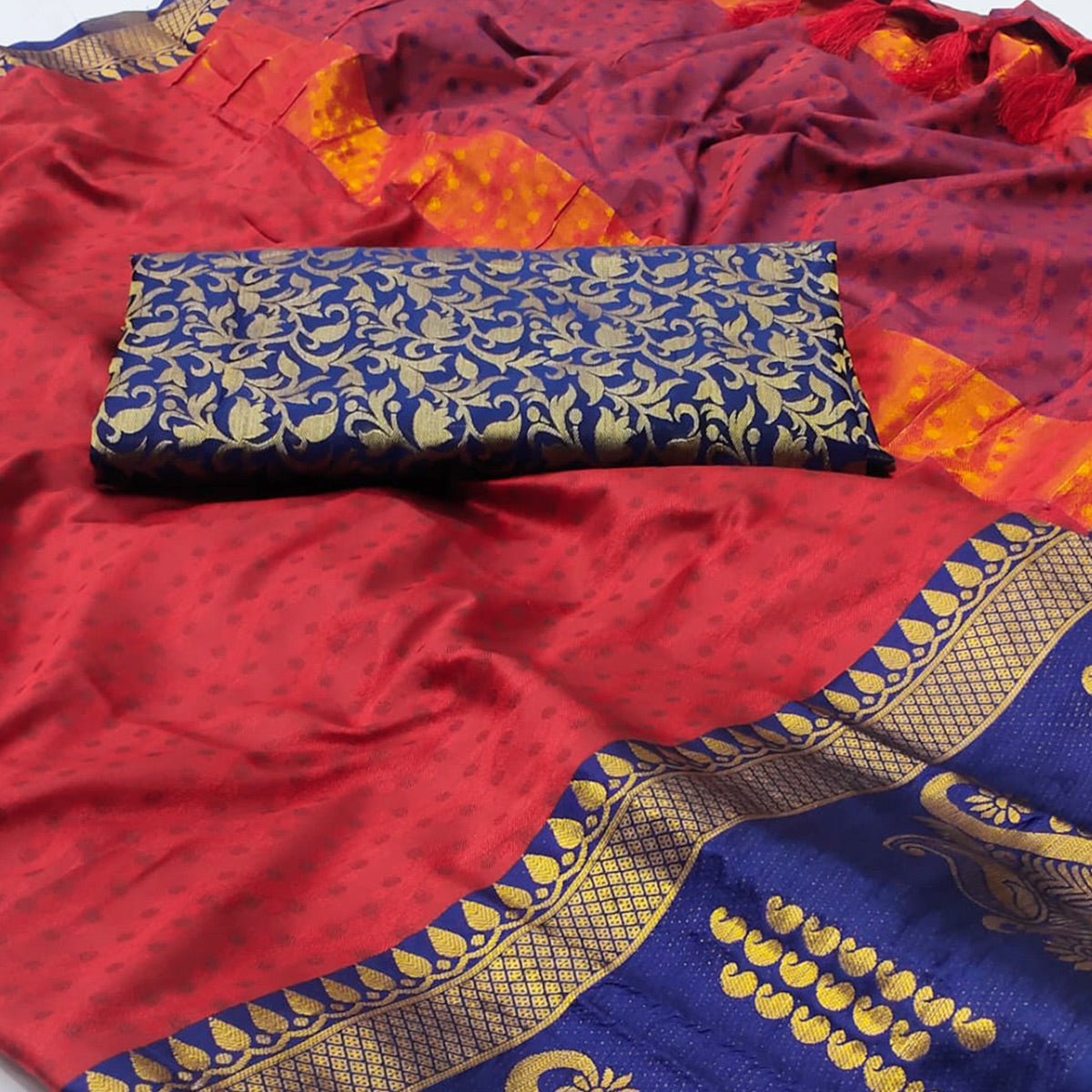 Red Woven Cotton Silk Saree With Tassels