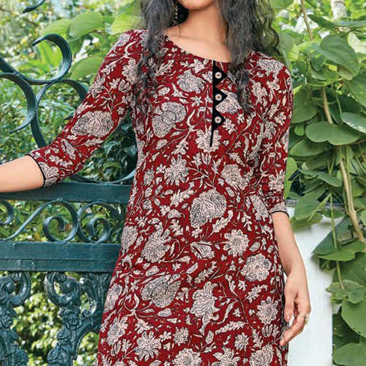 Maroon Floral Printed Cotton Blend Kurti